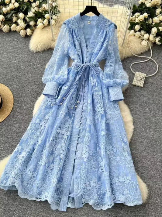 Lace Tie Waist Long Sleeve Dress