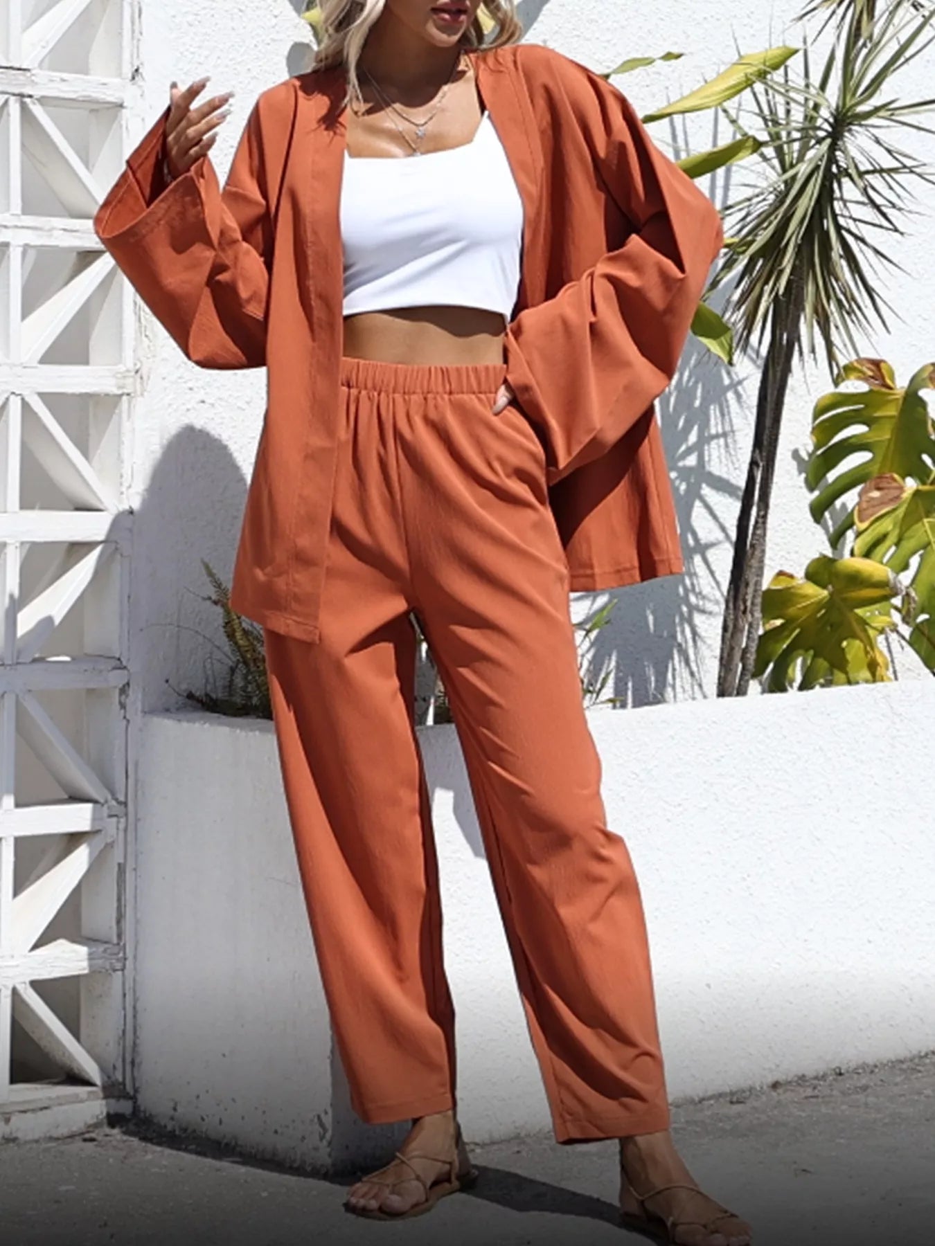 Open-Front Cardigan and Wide Leg Pants Set