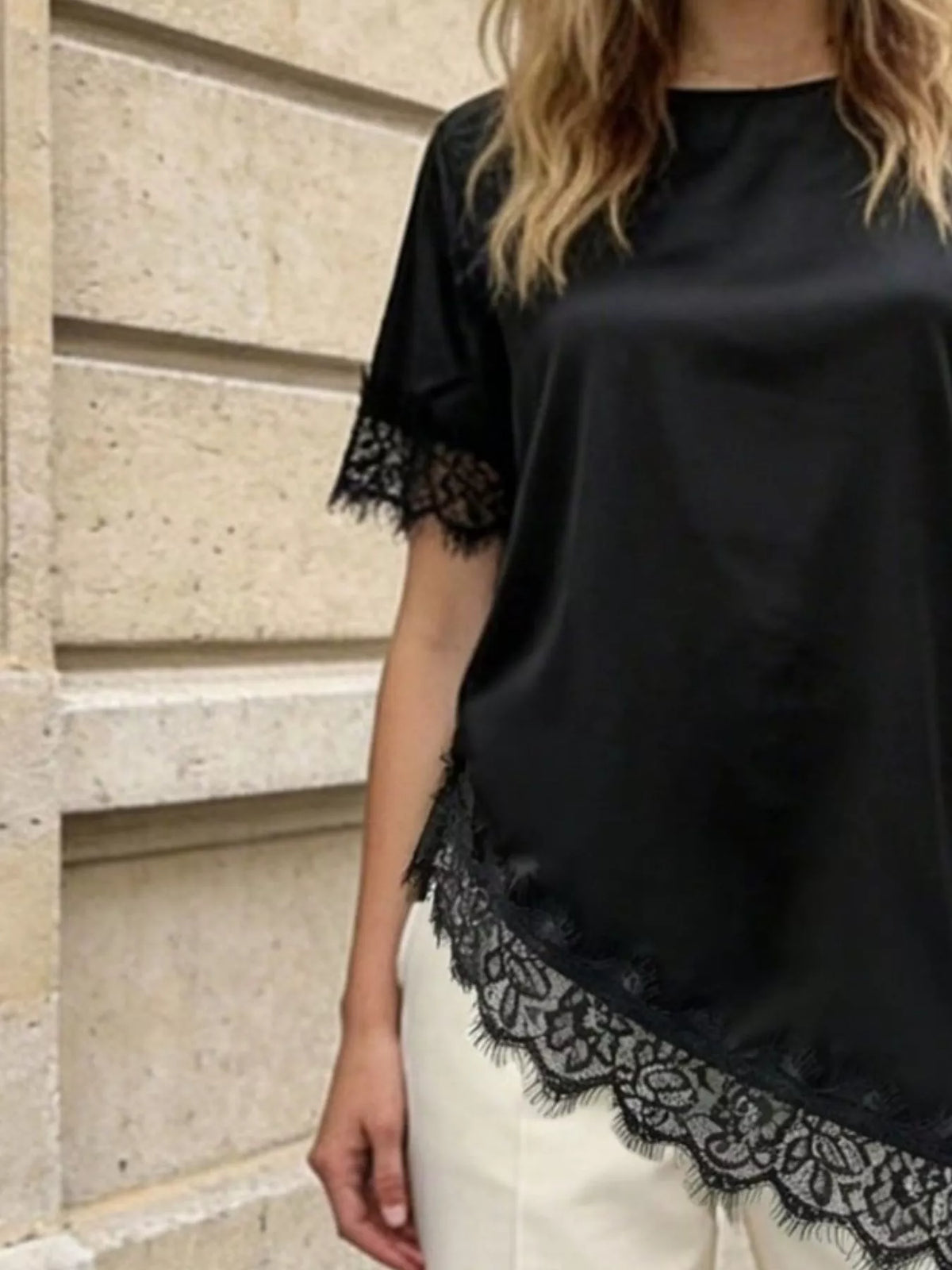 Lace Trim Short Sleeve Satin Top