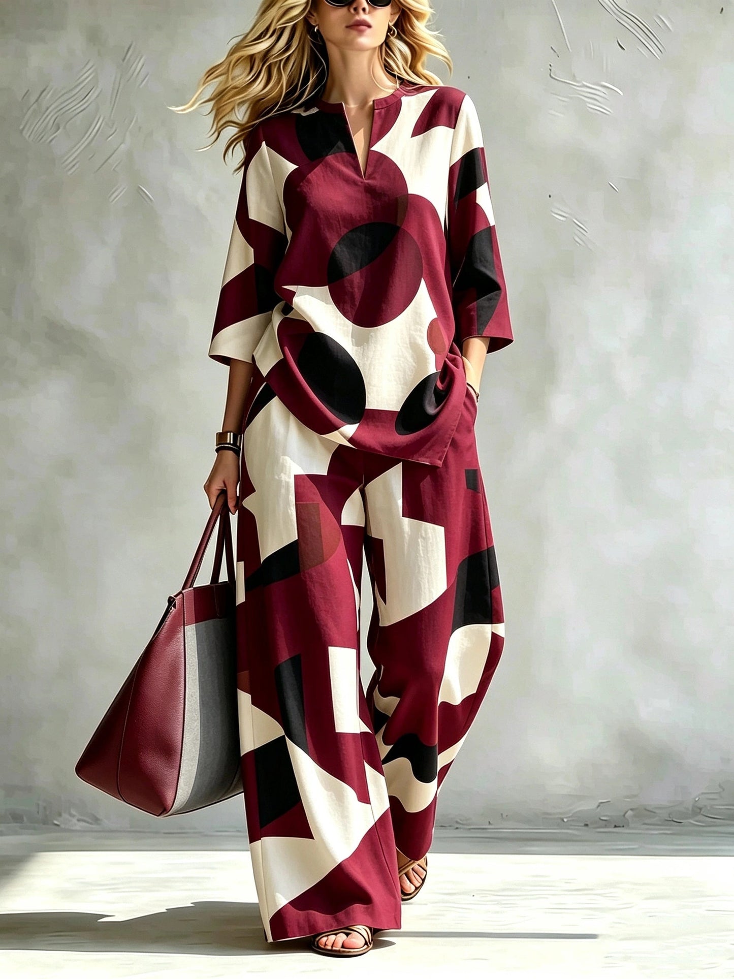Printed Wide-Leg Trouser Set | V-Neck Top & Pants Two-Piece