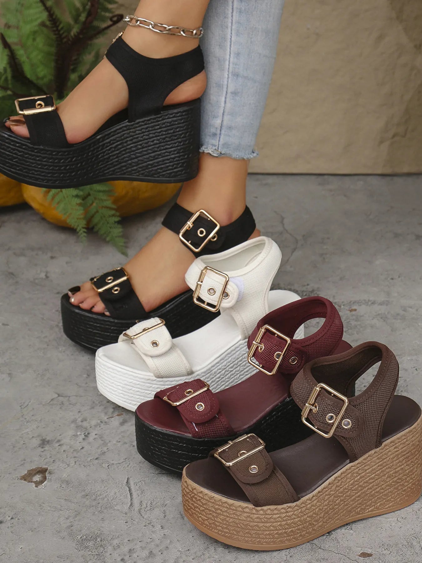 Buckled Platform Espadrille Wedge Sandals