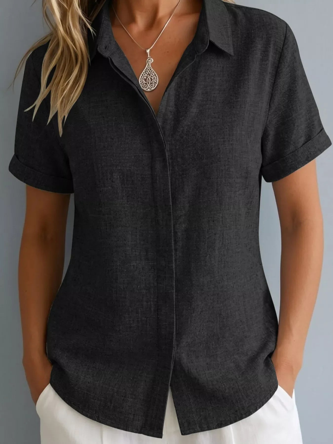 Full Size Collared Neck Short Sleeve Shirt Plus Size
