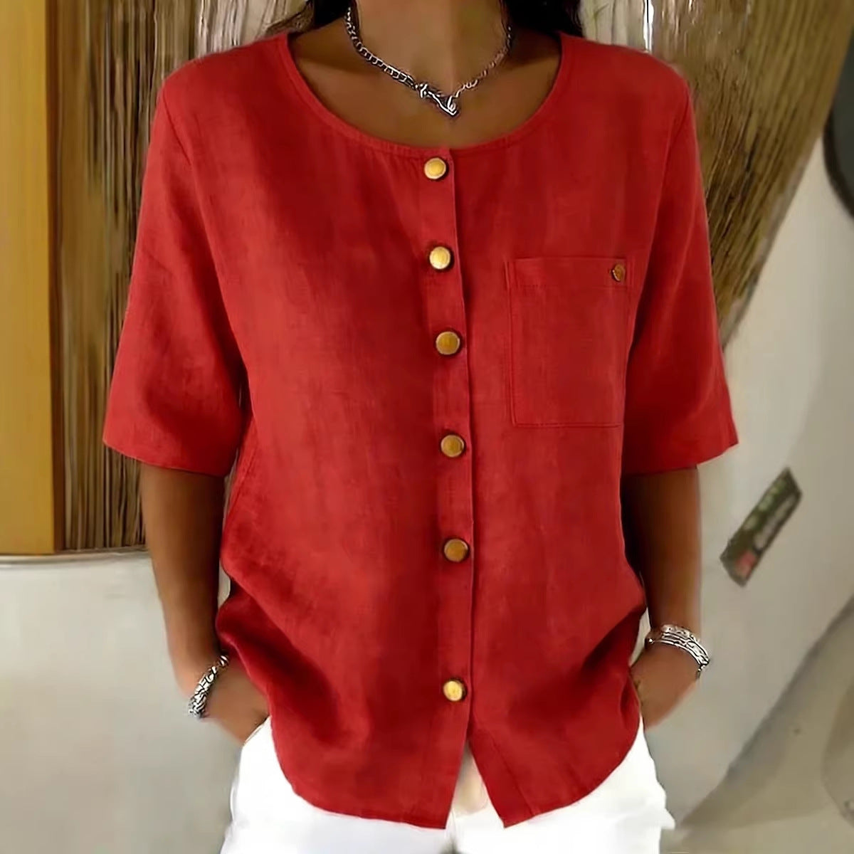 Crew-Neck 3/4 Sleeve Shirt with Metal Buttons – 7 Colors, S–3XL