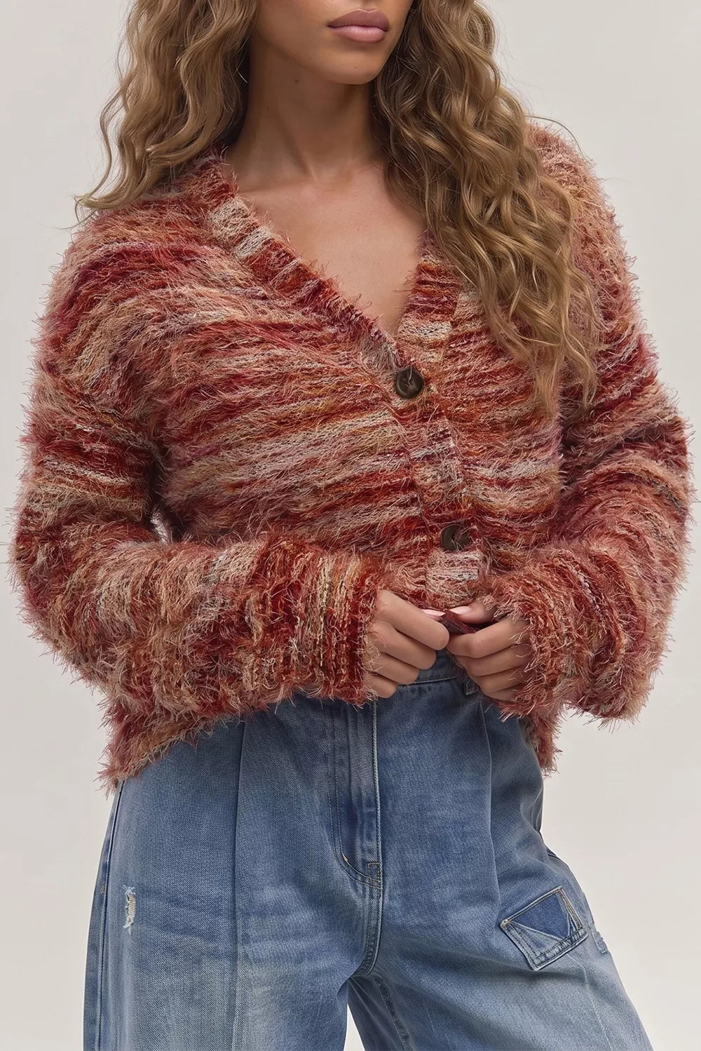 Fuzzy Striped Button Front Cardigan Sweater