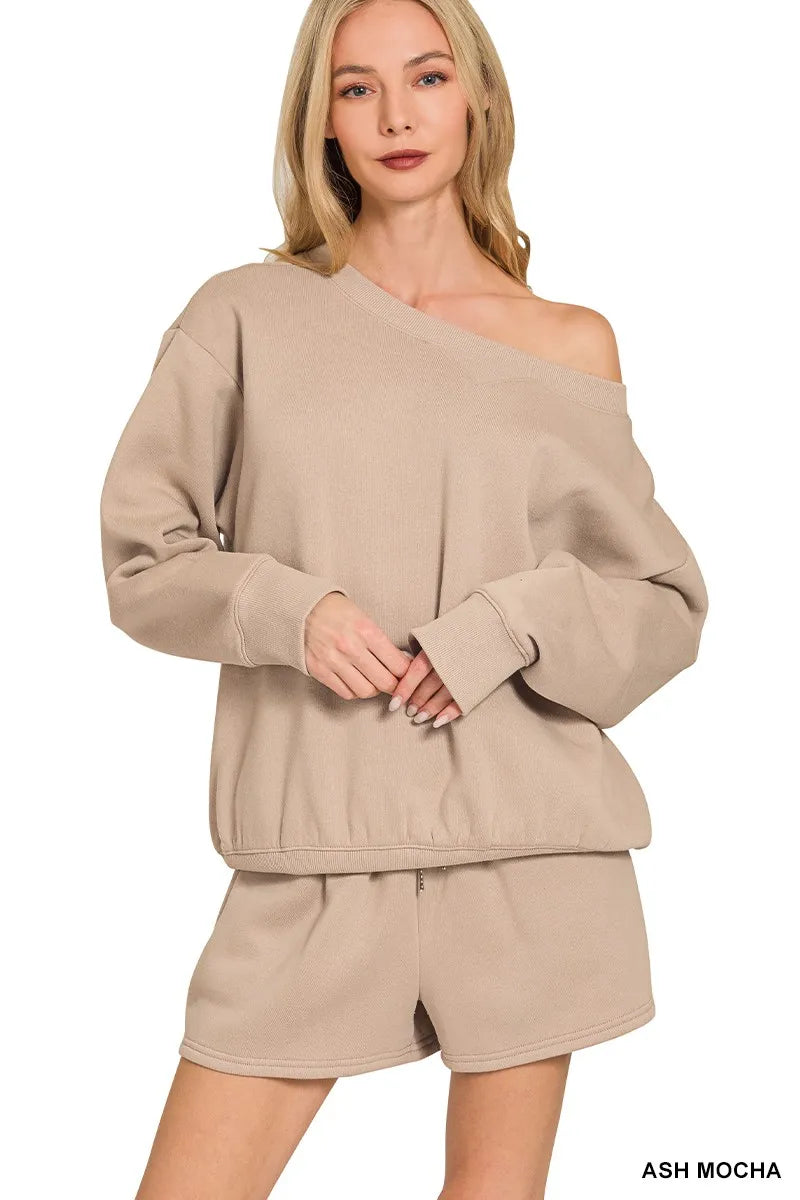 Zenana Fleece Boat Neck Sweatshirt and Shorts Set