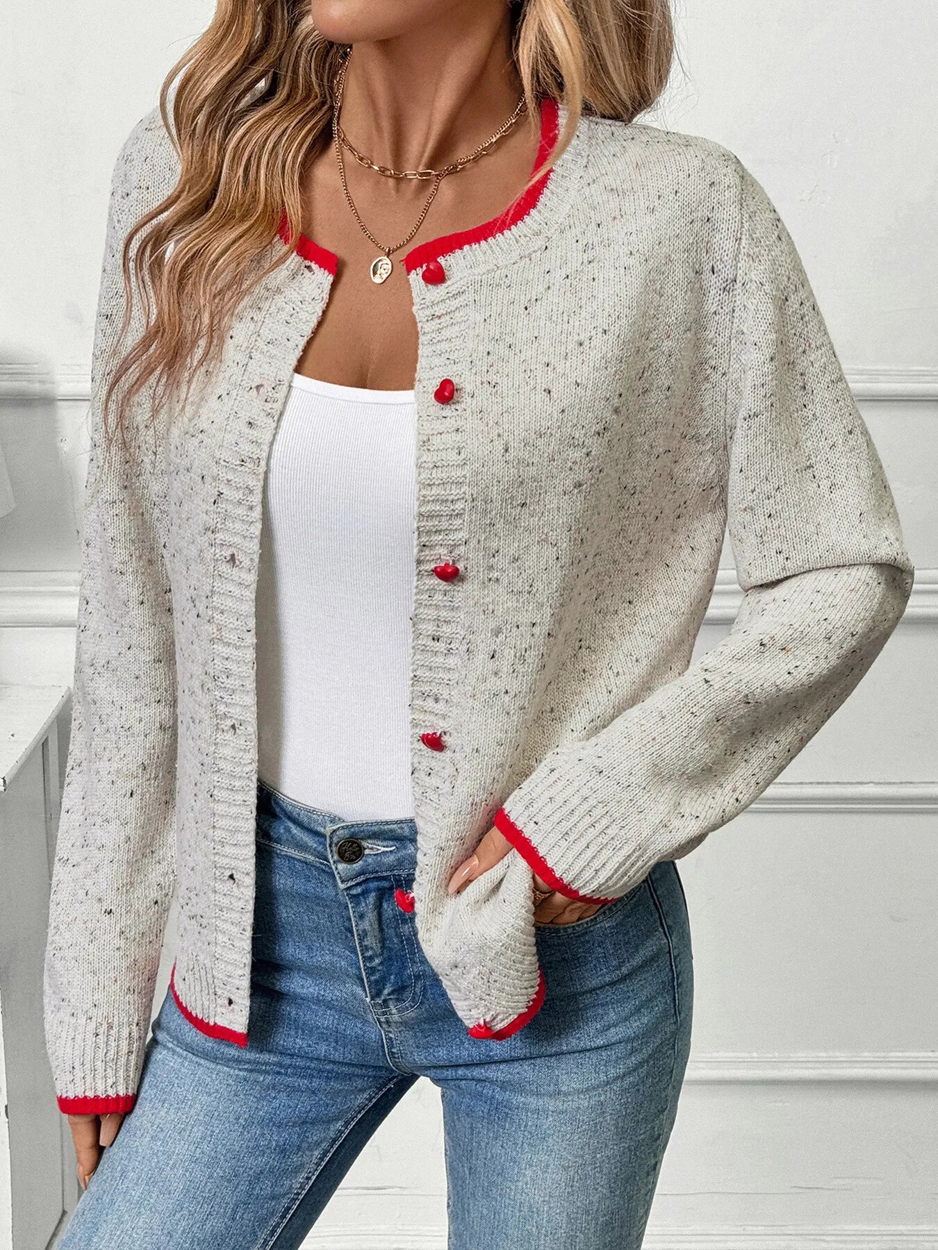 Contrast Trim Button Up Long Sleeve Cardigan