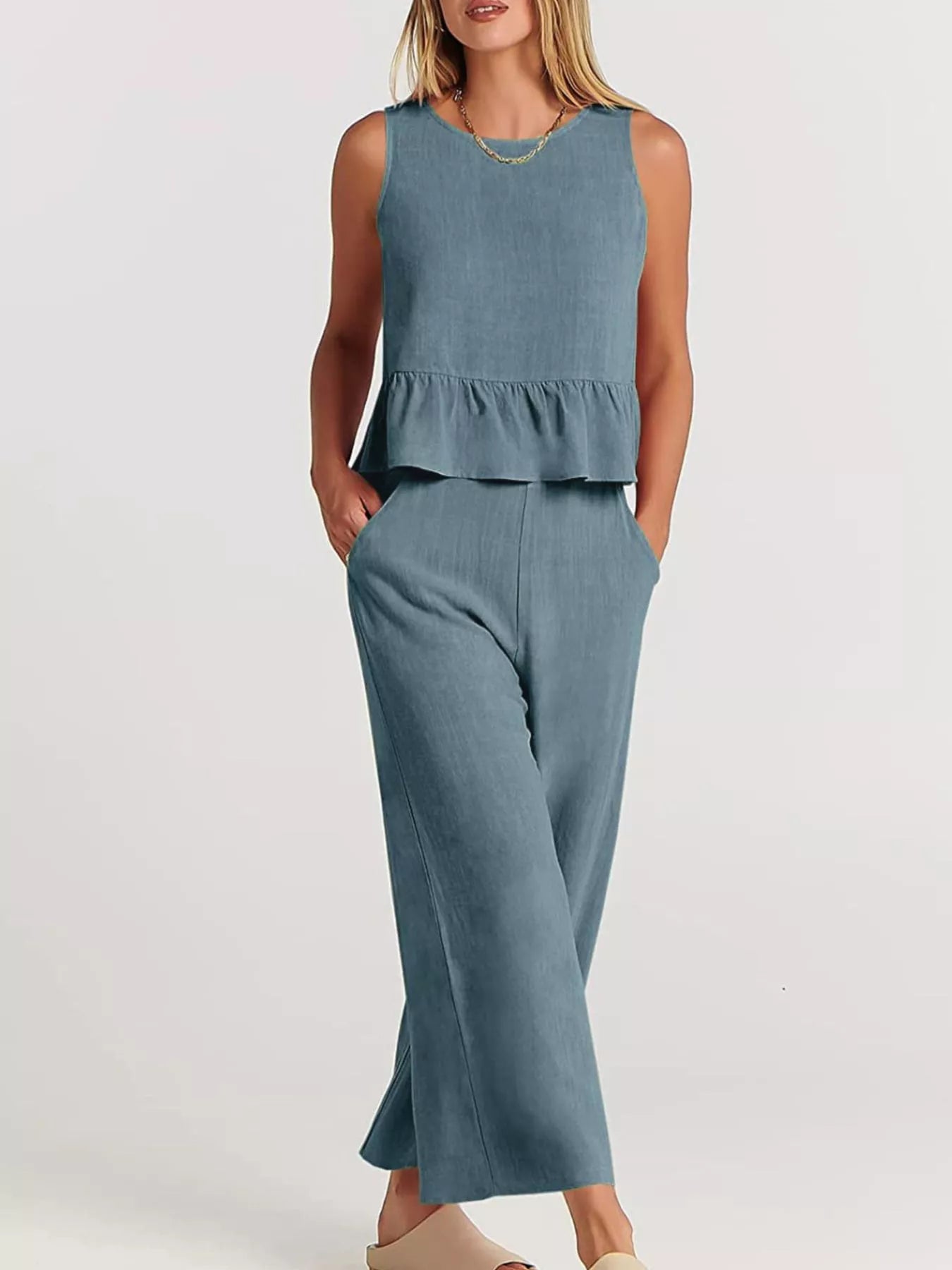 Full Size Ruffled Hem Sleeveless Top and Wide-Leg Pants Set Plus Size