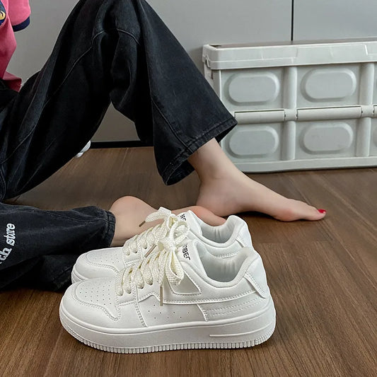 Beige PU Leather Lace Up Platform Sneakers