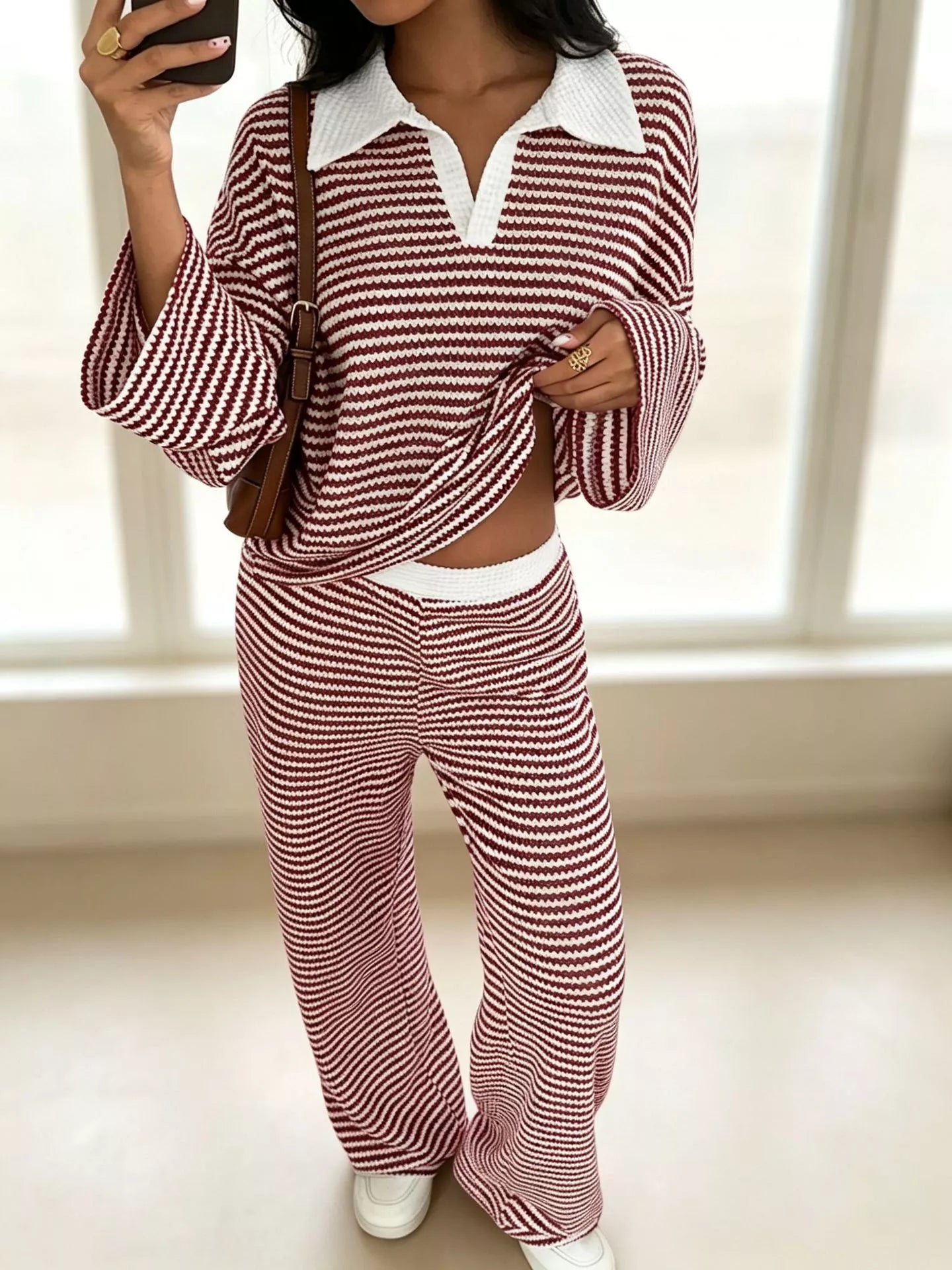 Striped Long Sleeve Polo and Wide-Leg Pants Set