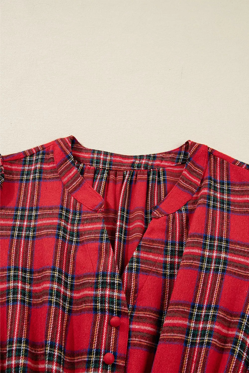 Christmas Plaid V Neck 3/4 Sleeve Tie Waist Ruffle Hem Midi Dress