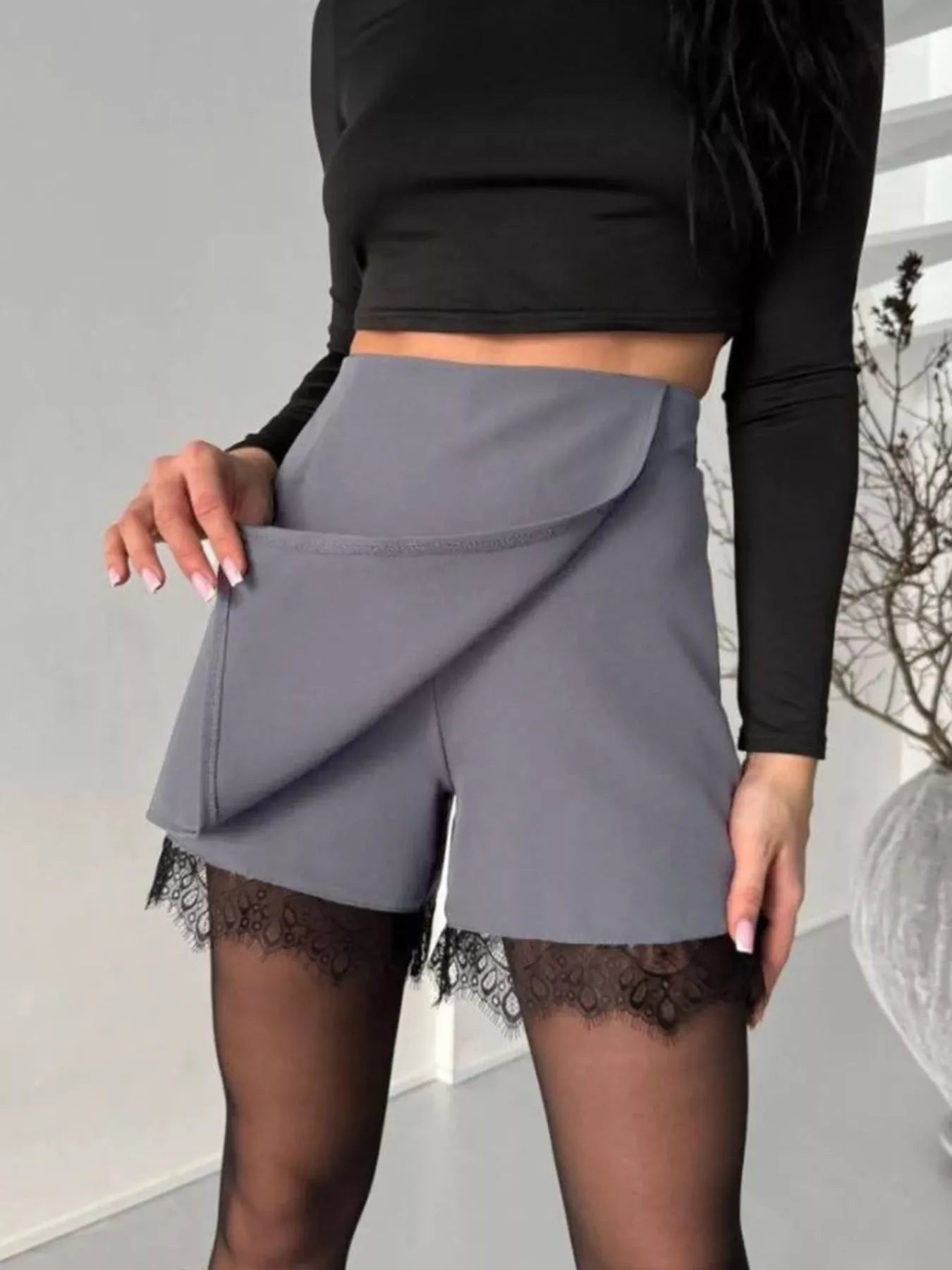 High-Waisted Lace Hem Skort