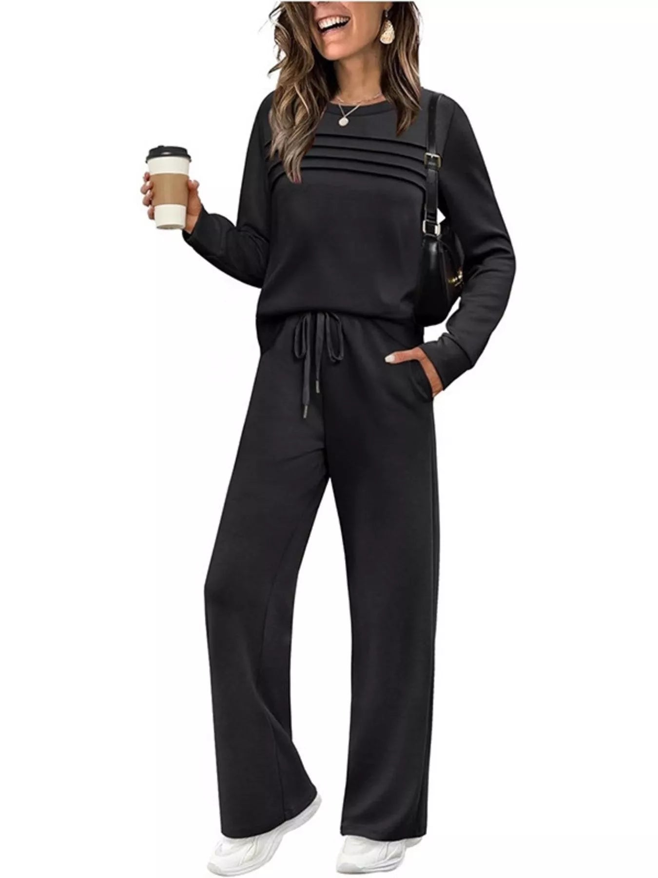 Full Size Casual Long Sleeve Crewneck Top and Drawstring Pants Set Plus Size
