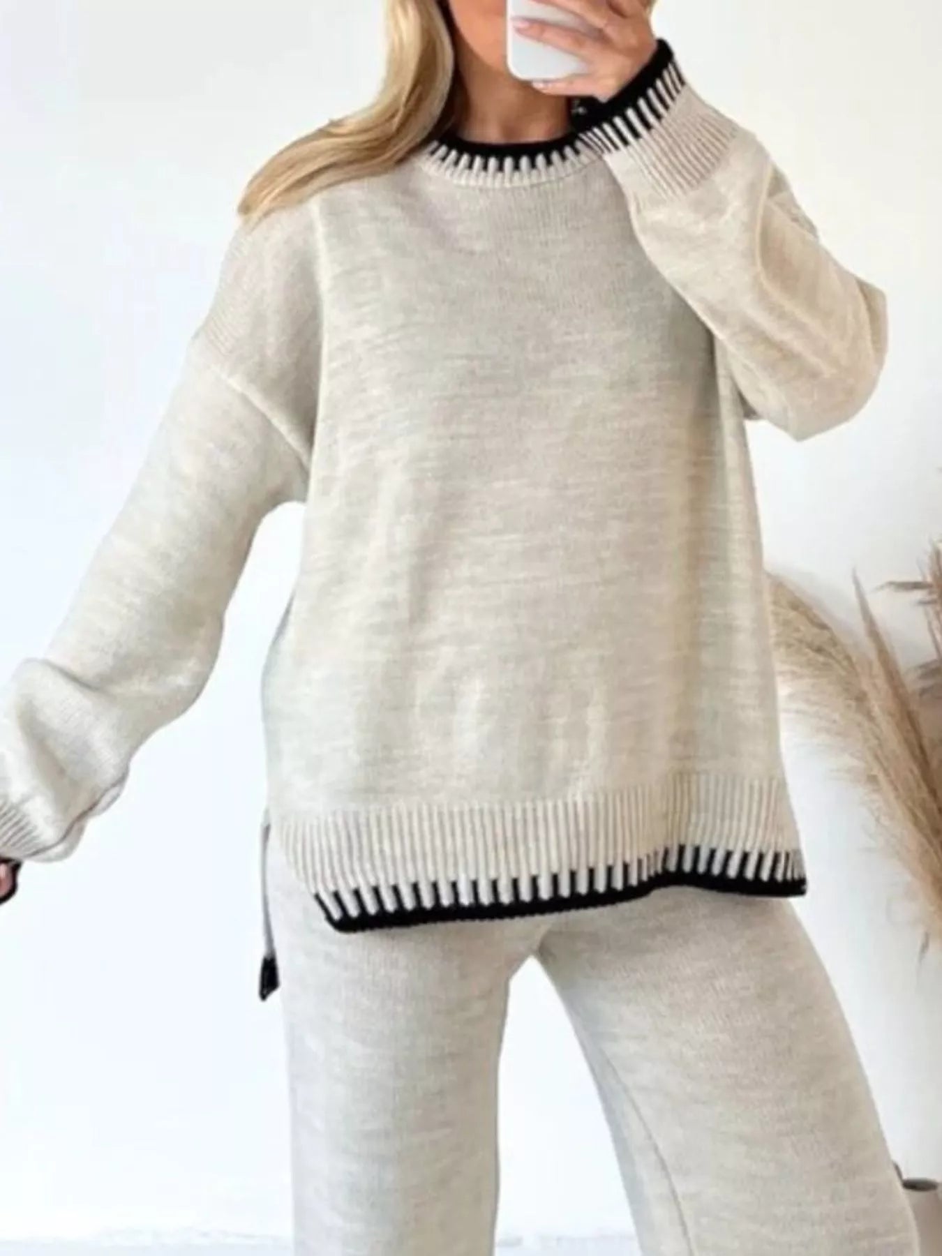 Contrast Trim Round Neck Top and Pants Sweater Set