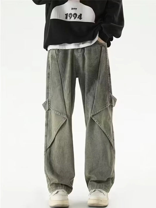 Men's Full Size Vintage Wash Wide Leg Cargo Jeans Plus Size
