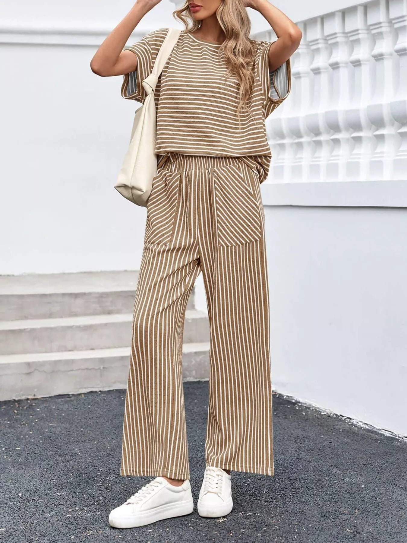 Casual Striped Short Sleeve Top and Wide Leg Pants Two-Piece Set