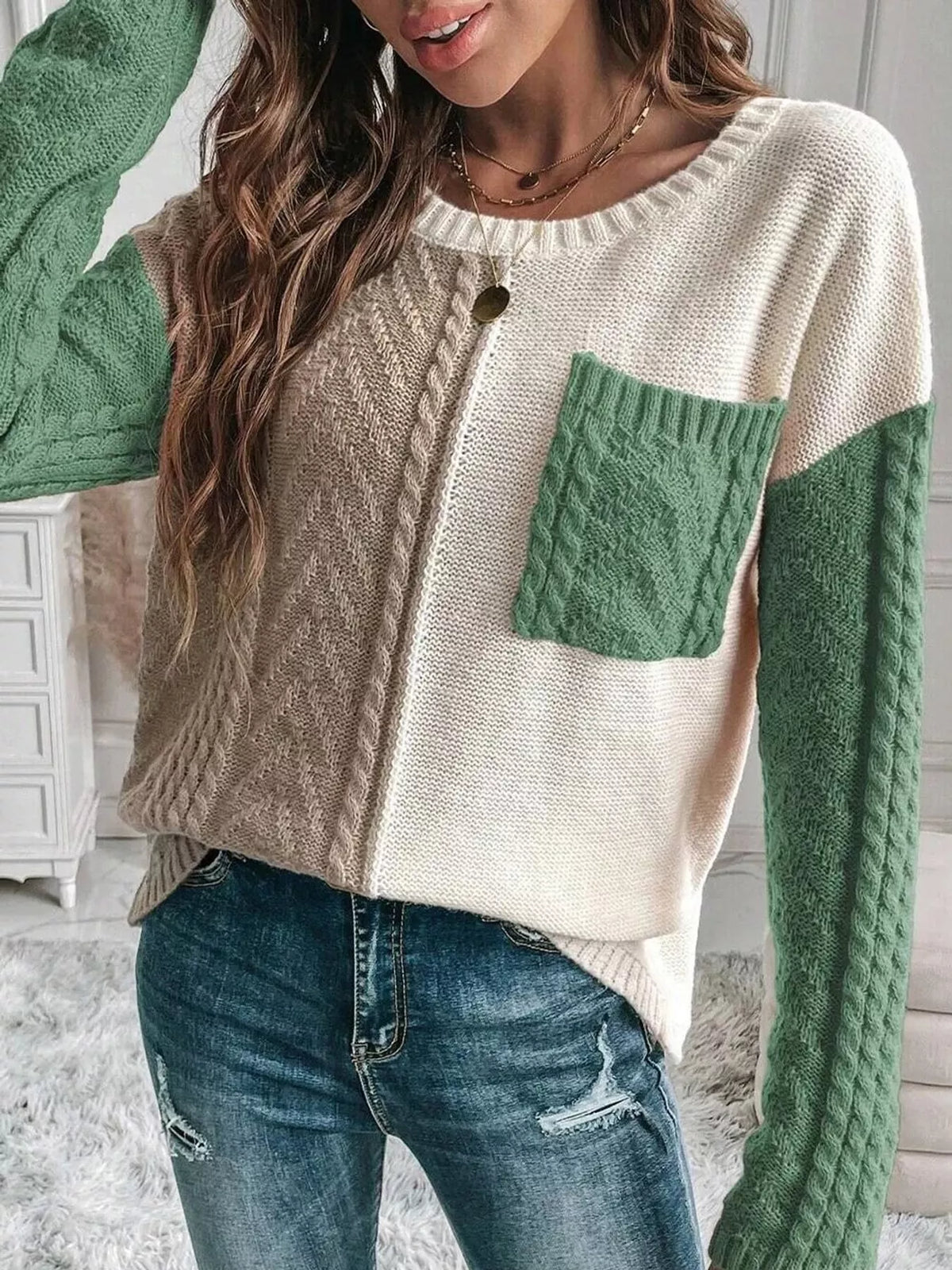 Color Block Cable Knit Sweater