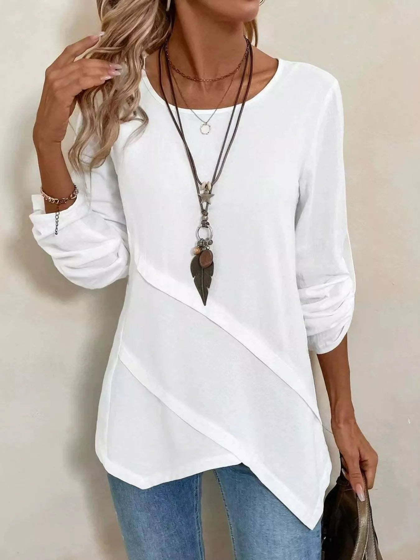 Asymmetrical Hem Solid Color Linen Blouse