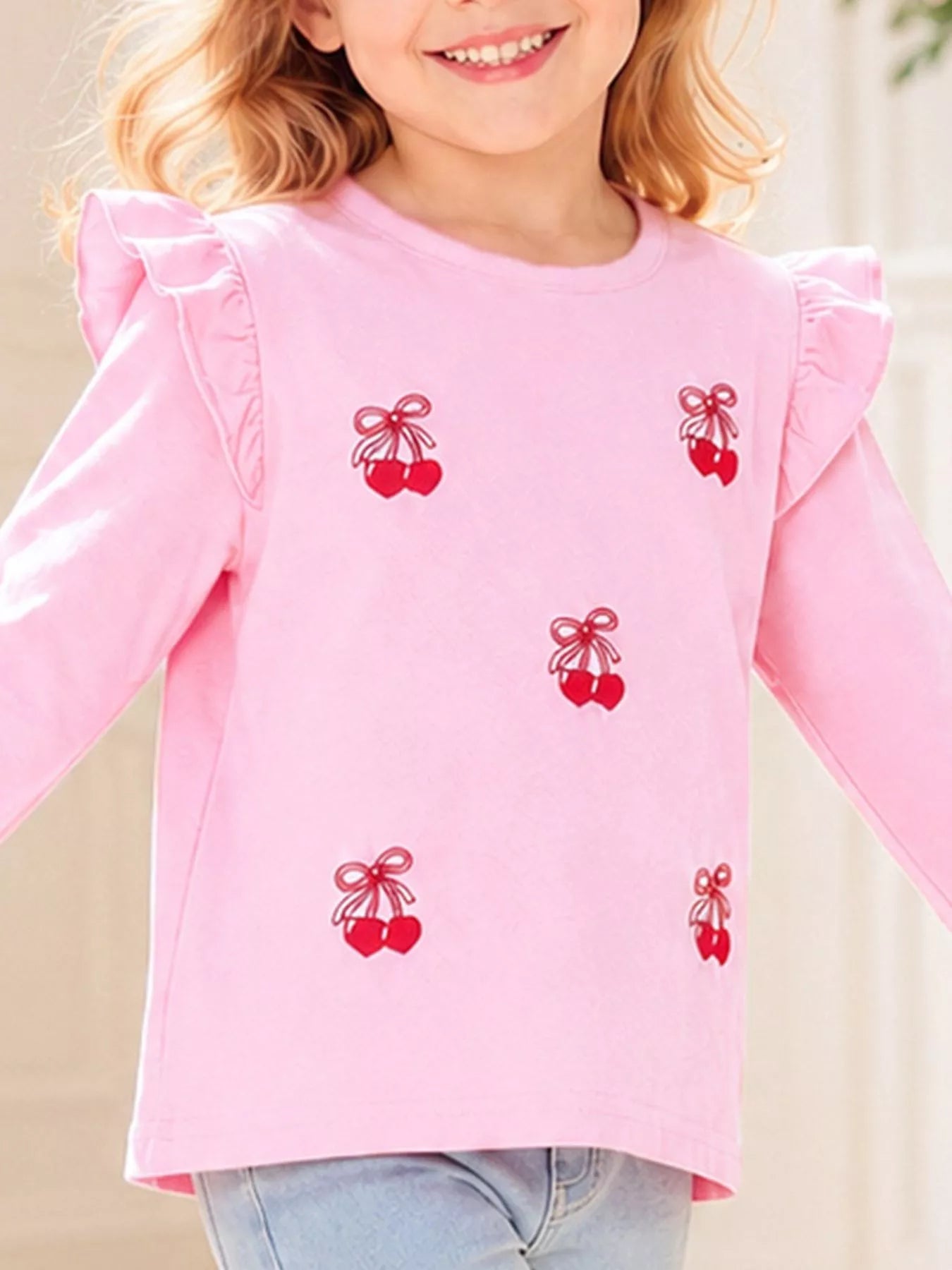 Children's Cherry & Flower Print Ruffled Long Sleeve T-Shirt