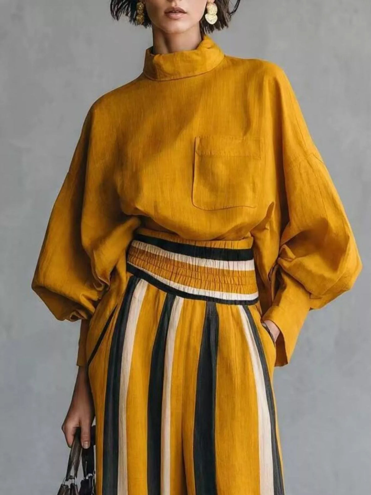 Full Size Mock Neck Top and Striped Wide-Leg Pants Set Plus Size