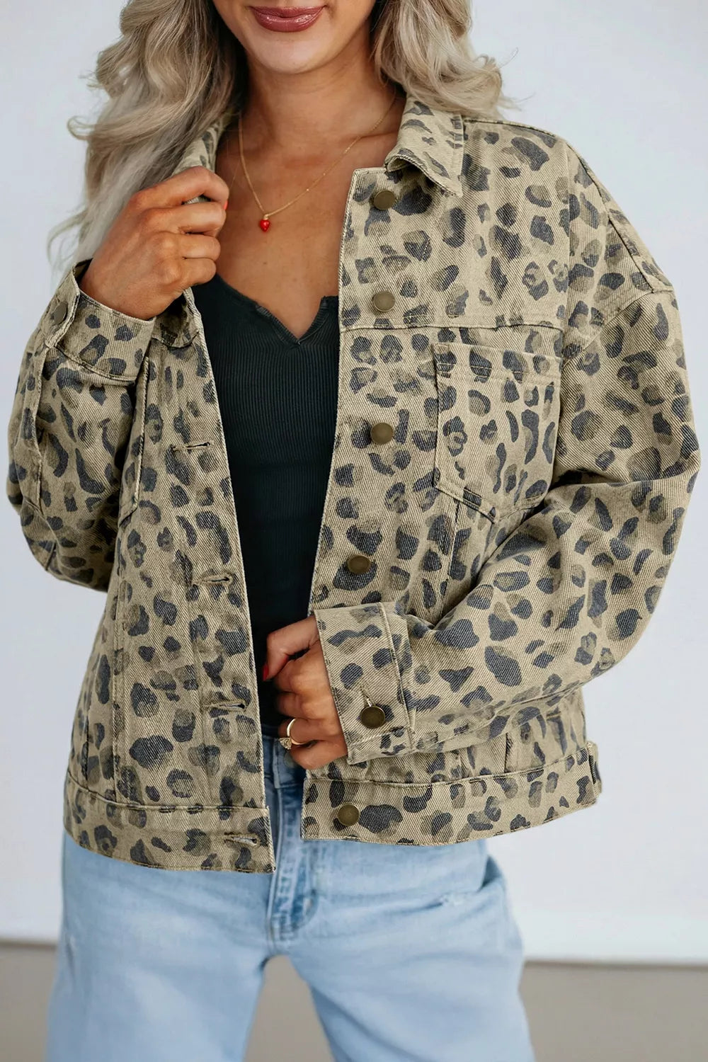 Leopard Print Seam Detail Button Down Denim Jacket