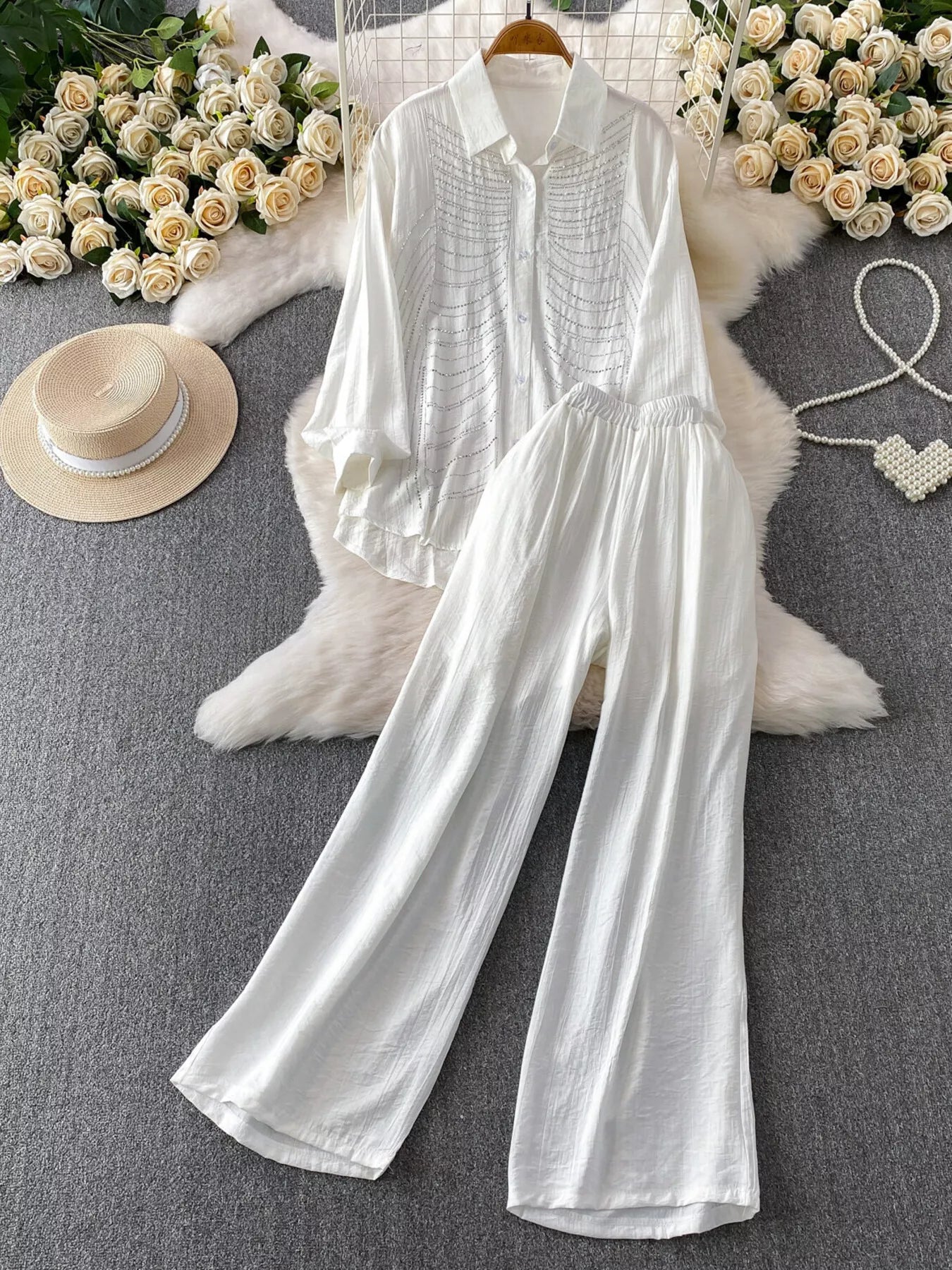 Rhinestone Button Up Shirt and Pants Set