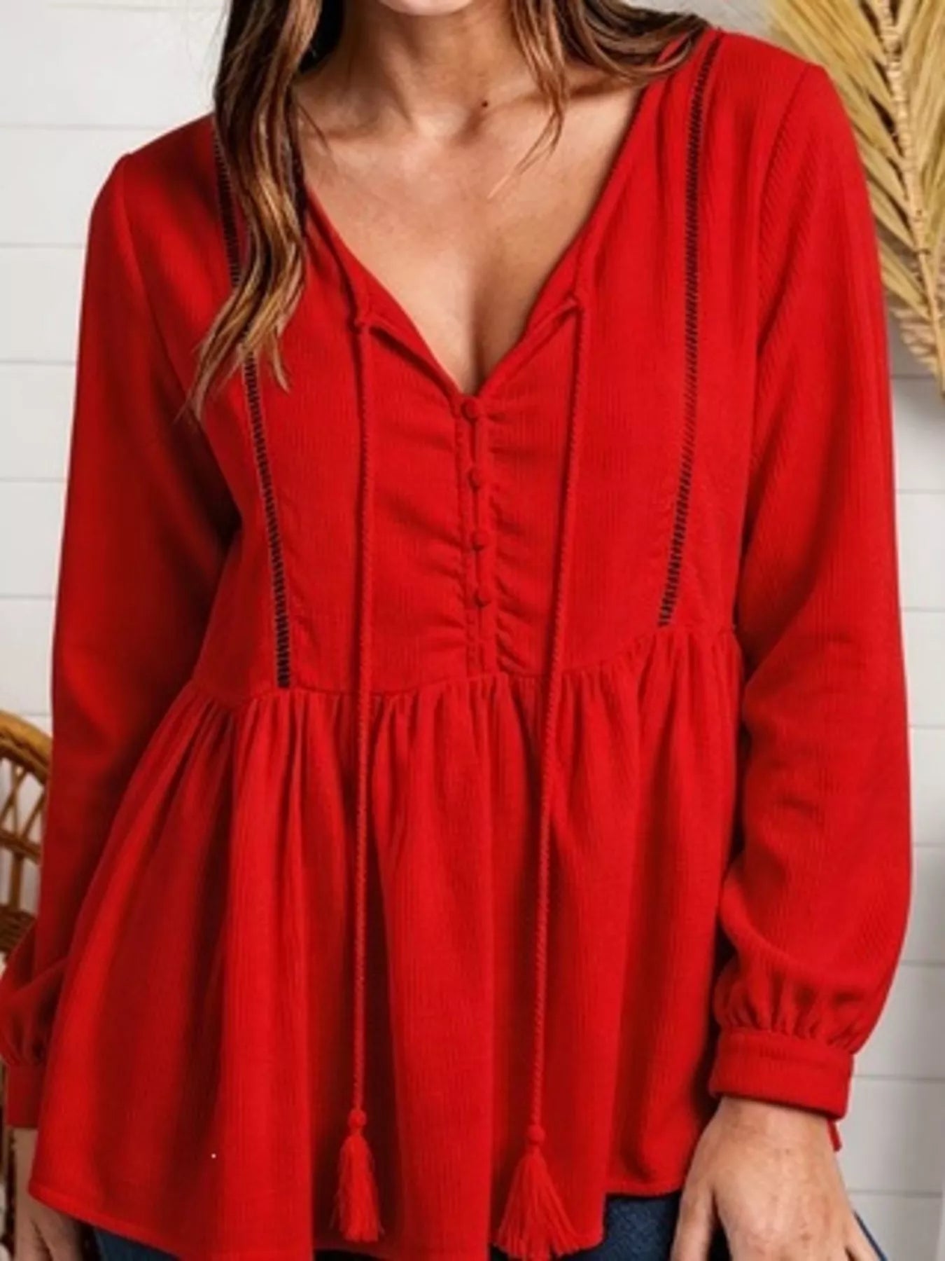 Tassel Drawstring Long Sleeve Peplum Top