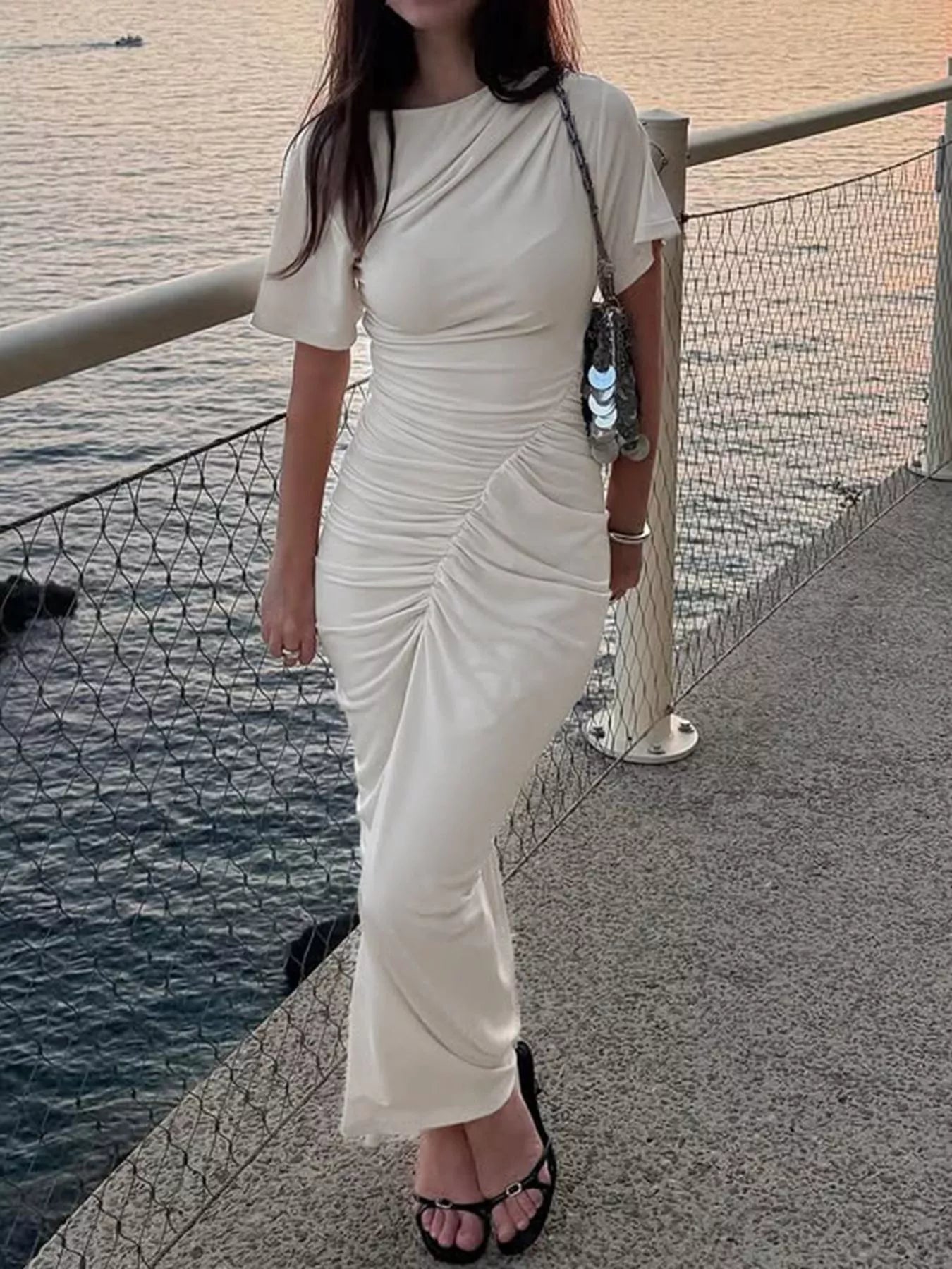 Ruched Short Sleeve Maxi Dress