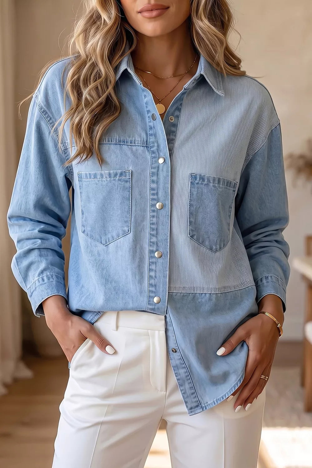 Two-Tone Denim Patchwork Shirt