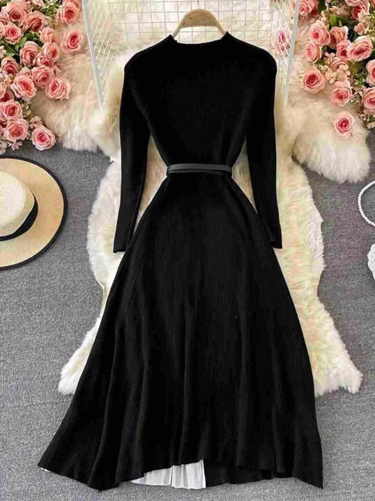 Long-Sleeve Pleated Gradient Hem Dress