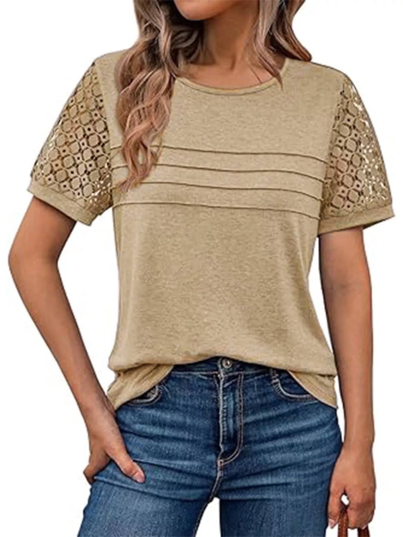 Lace Short Sleeve Round Neck T-Shirt