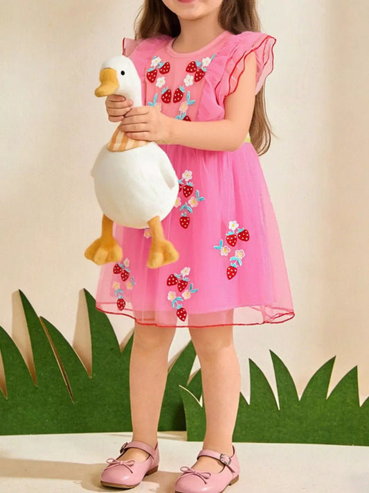 Children's Strawberry Embroidered Ruffle Sleeve Tulle Dress