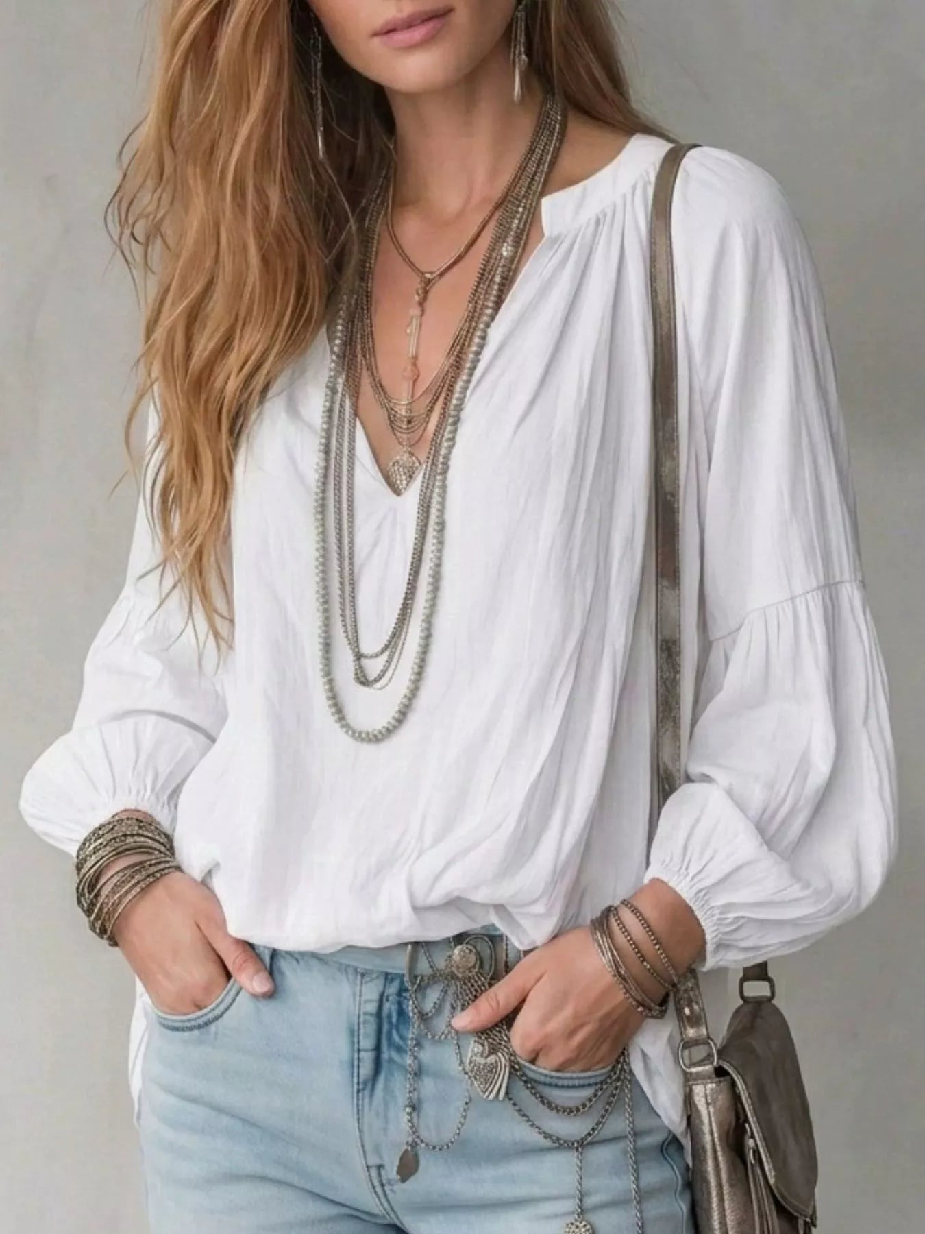 Notched Balloon Sleeve Blouse