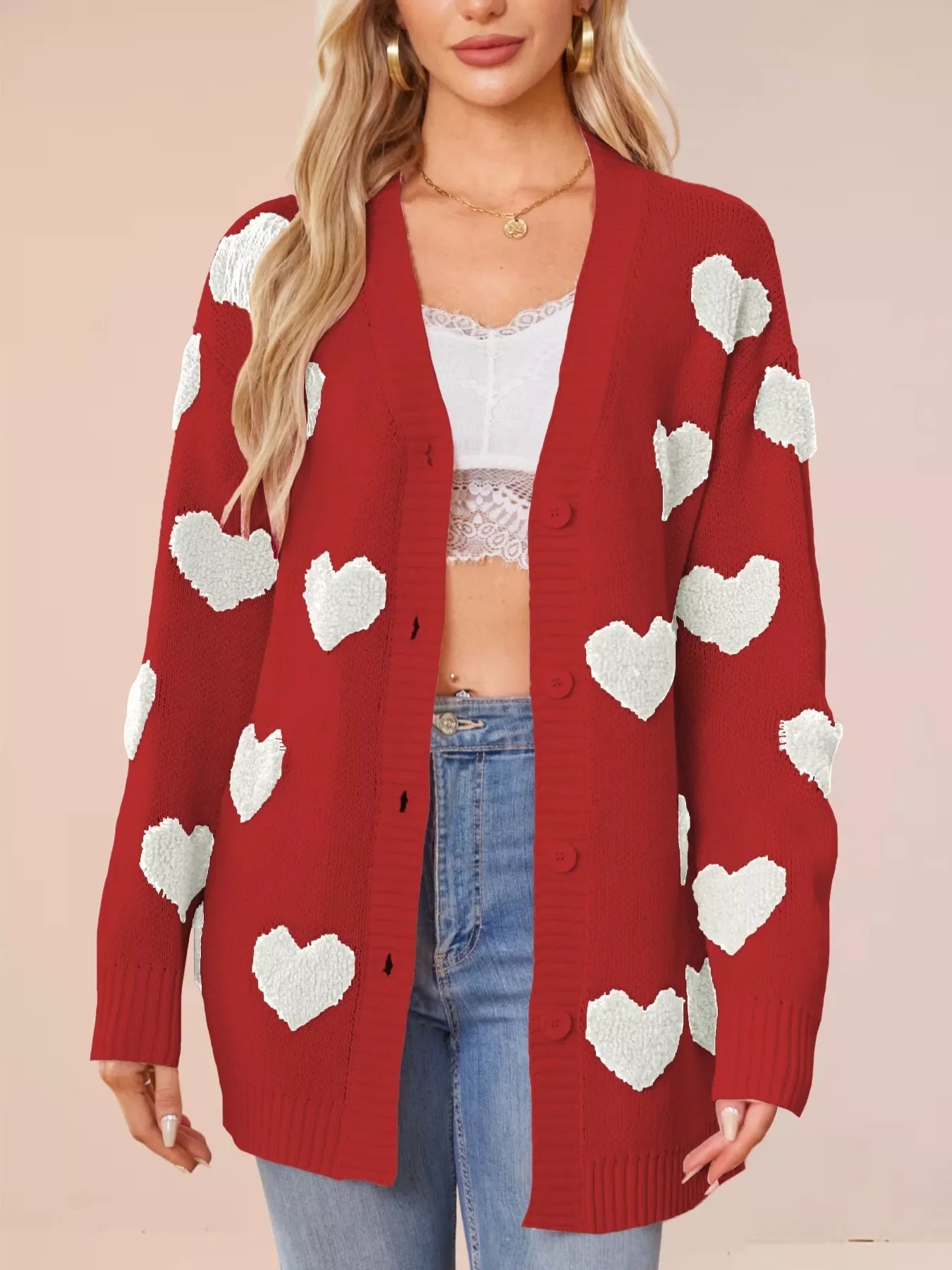 Heart Pattern Knit Button-Up Cardigan