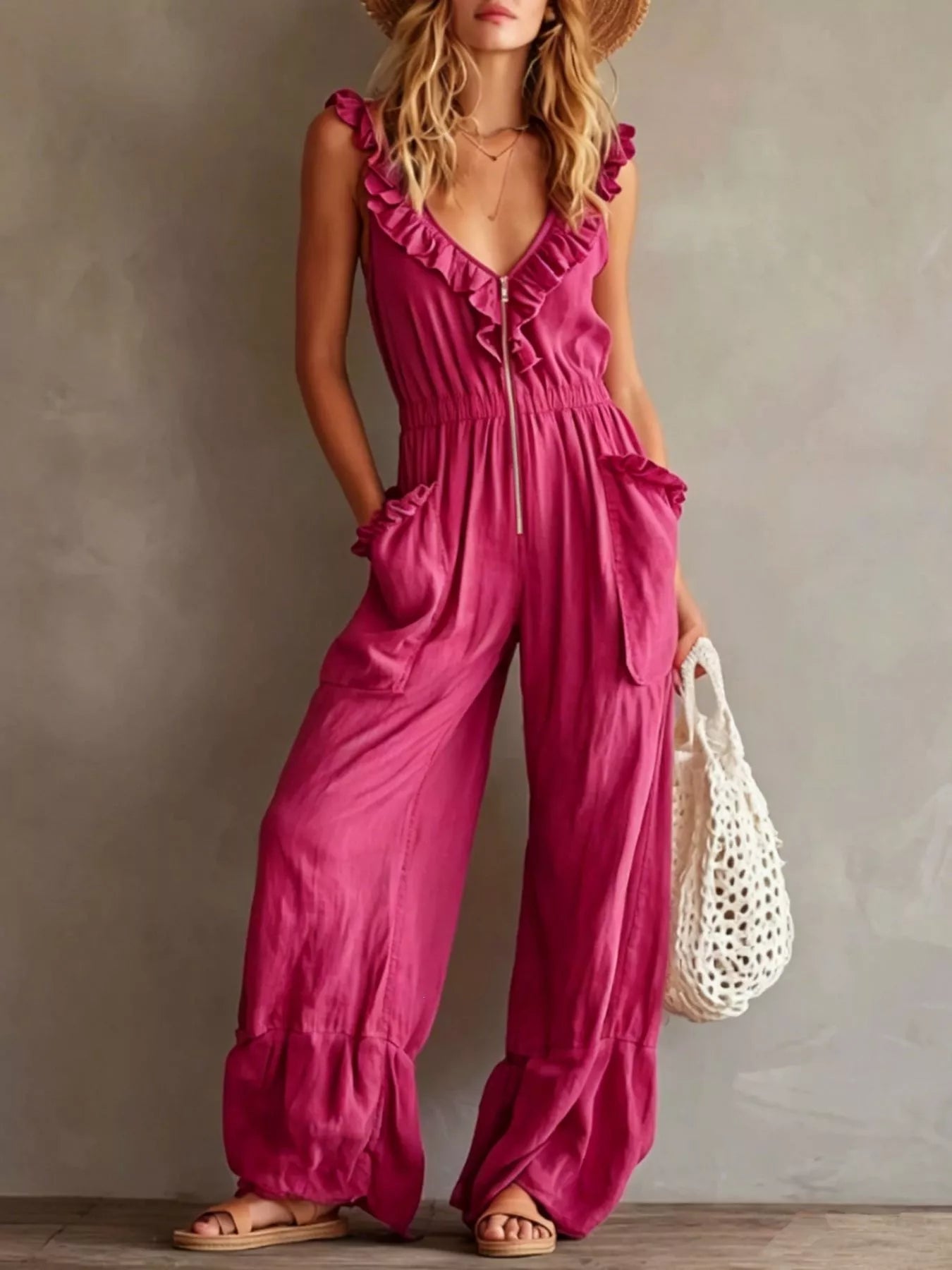 Ruffled V-Neck Wide Leg Jumpsuit