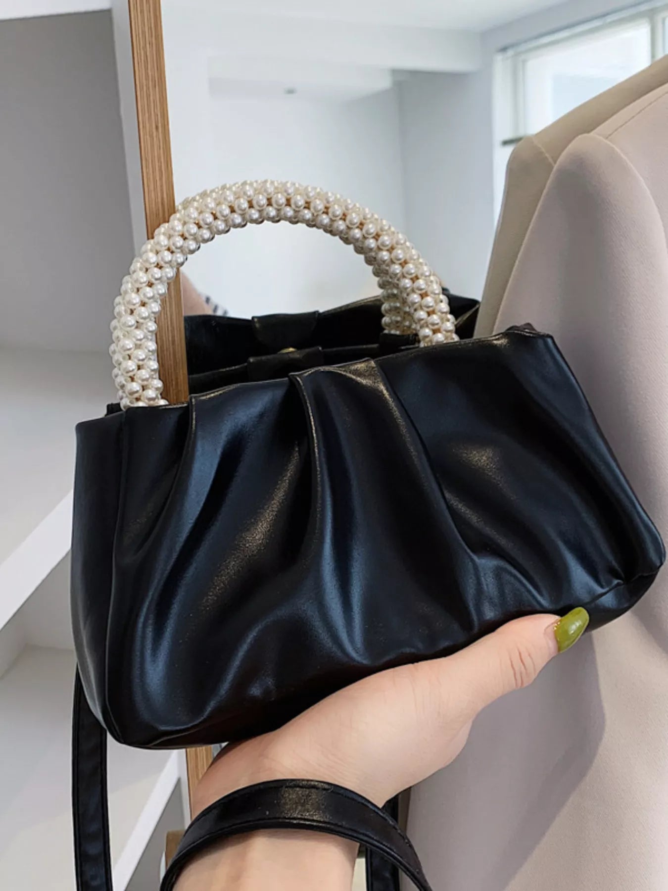 Pearl Handle Ruched Crossbody Bag