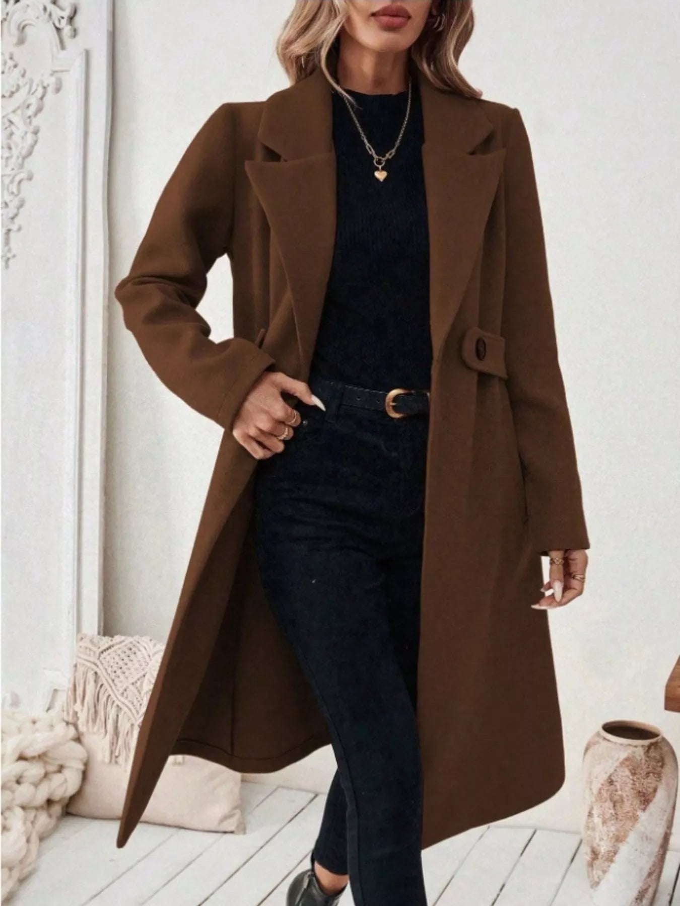 Full Size Elegant Lapel Collar Belted Coat with Pockets Plus Size