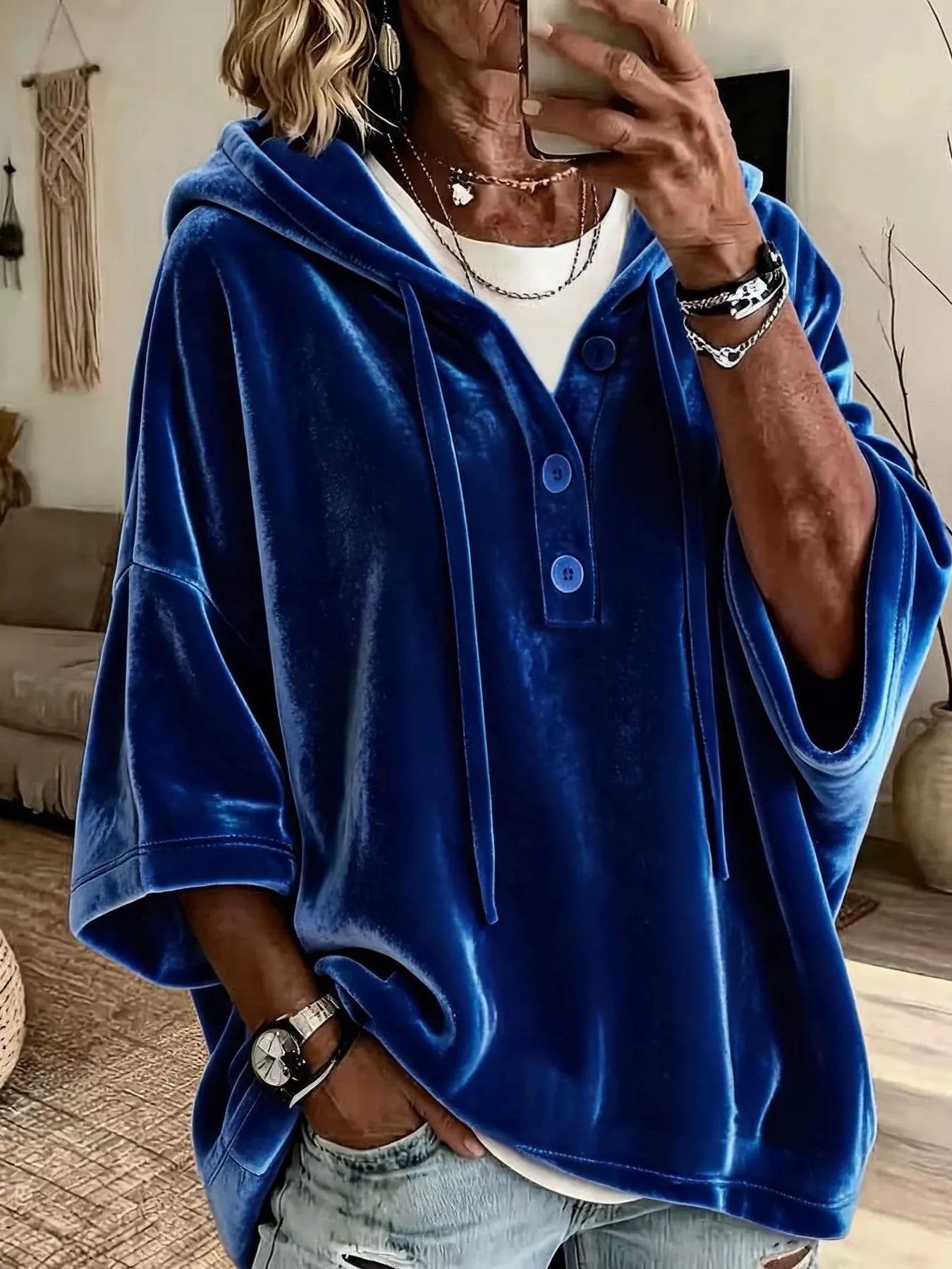 Full Size Velvet Button Detail Drawstring Hoodie Plus Size