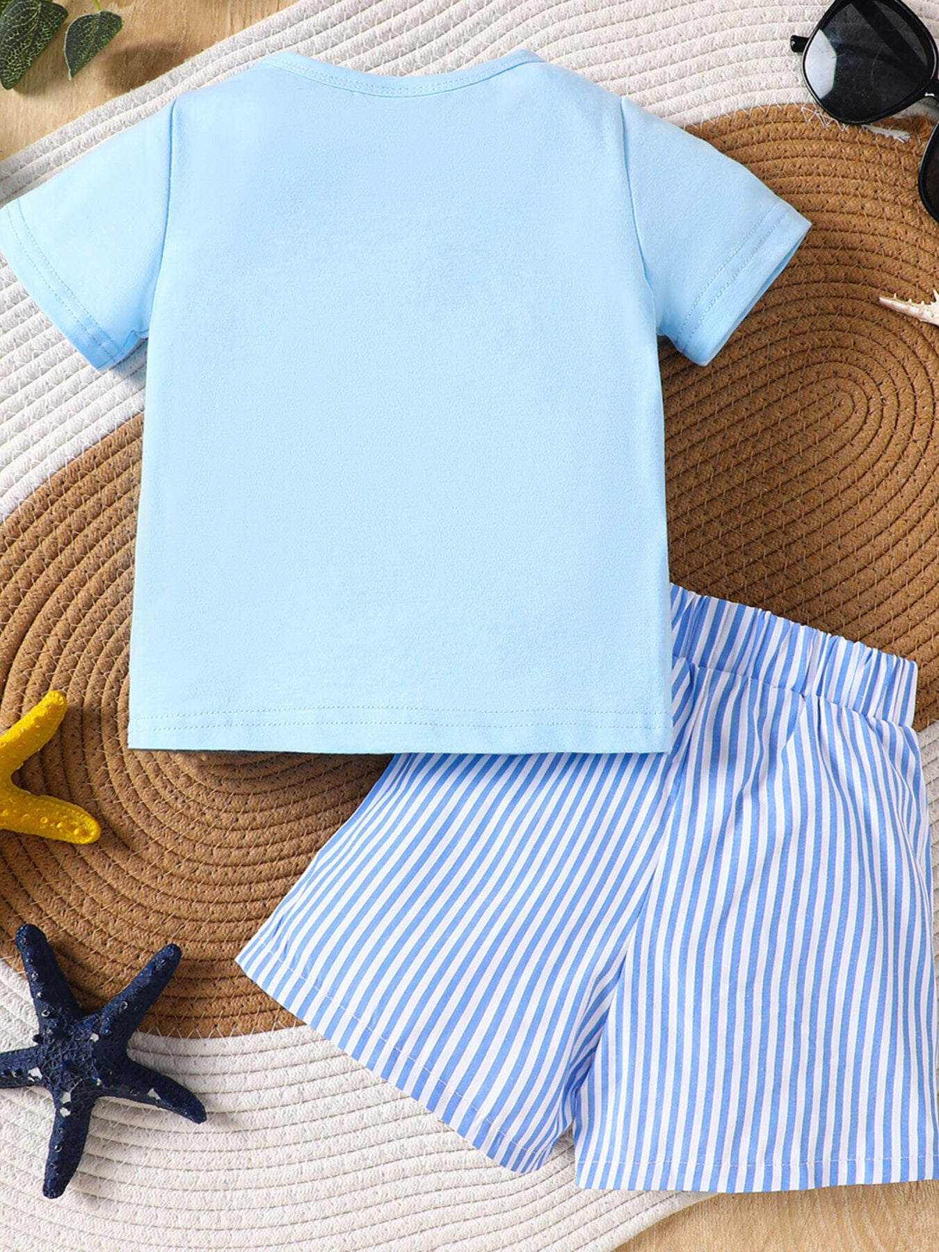 Children's Shark Embroidered T-shirt and Striped Shorts Set