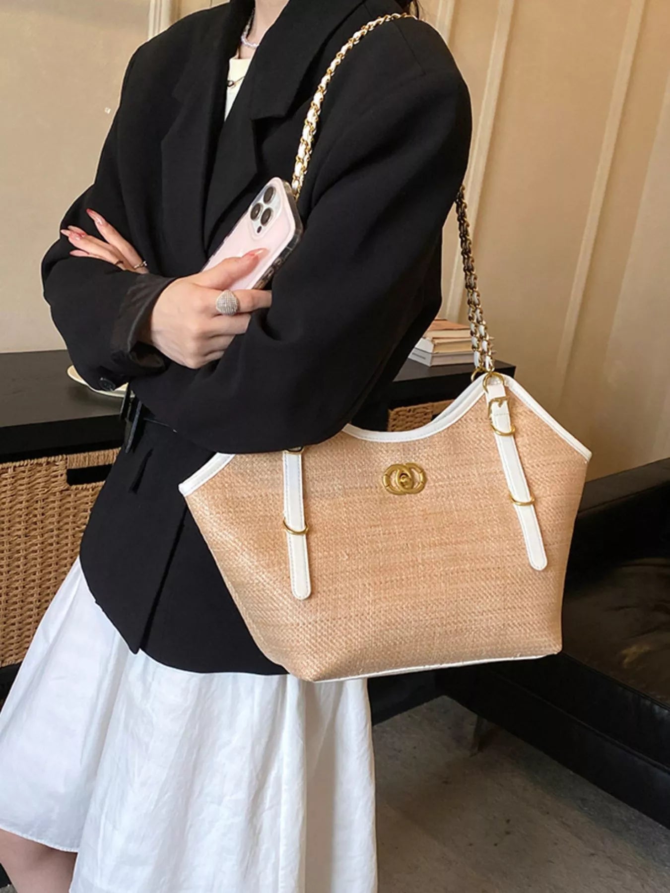 Contrast Trim Adjustable Strap Shoulder Bag