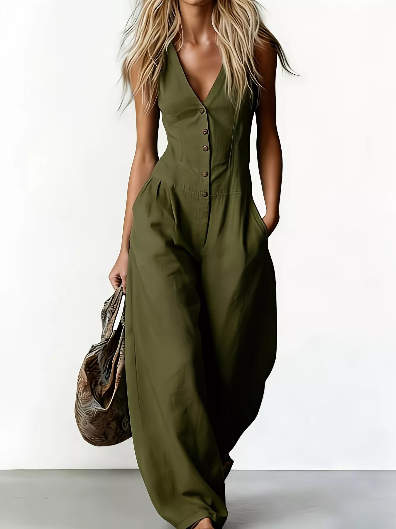 V-Neck Button-Down Wide-Leg Jumpsuit