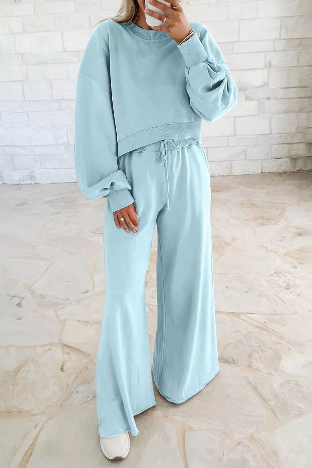 Drop Shoulder Puff Sleeve Crop Pullover Drawstring Wide Leg Pants Set