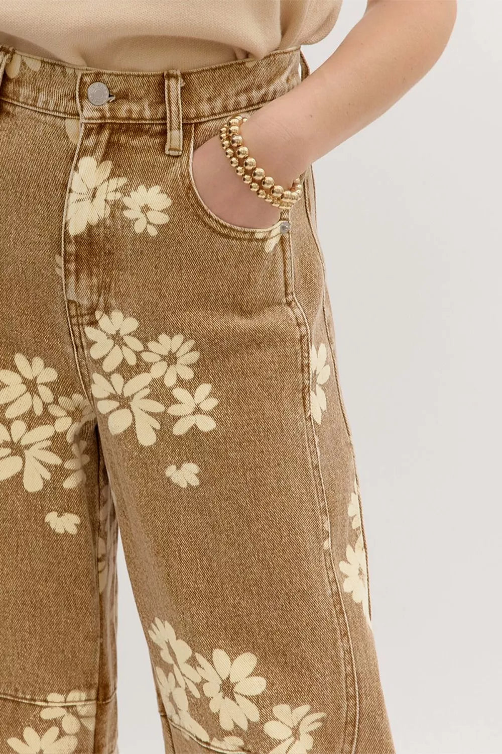 Floral Print Metal Button Pleated Straight Leg Jeans