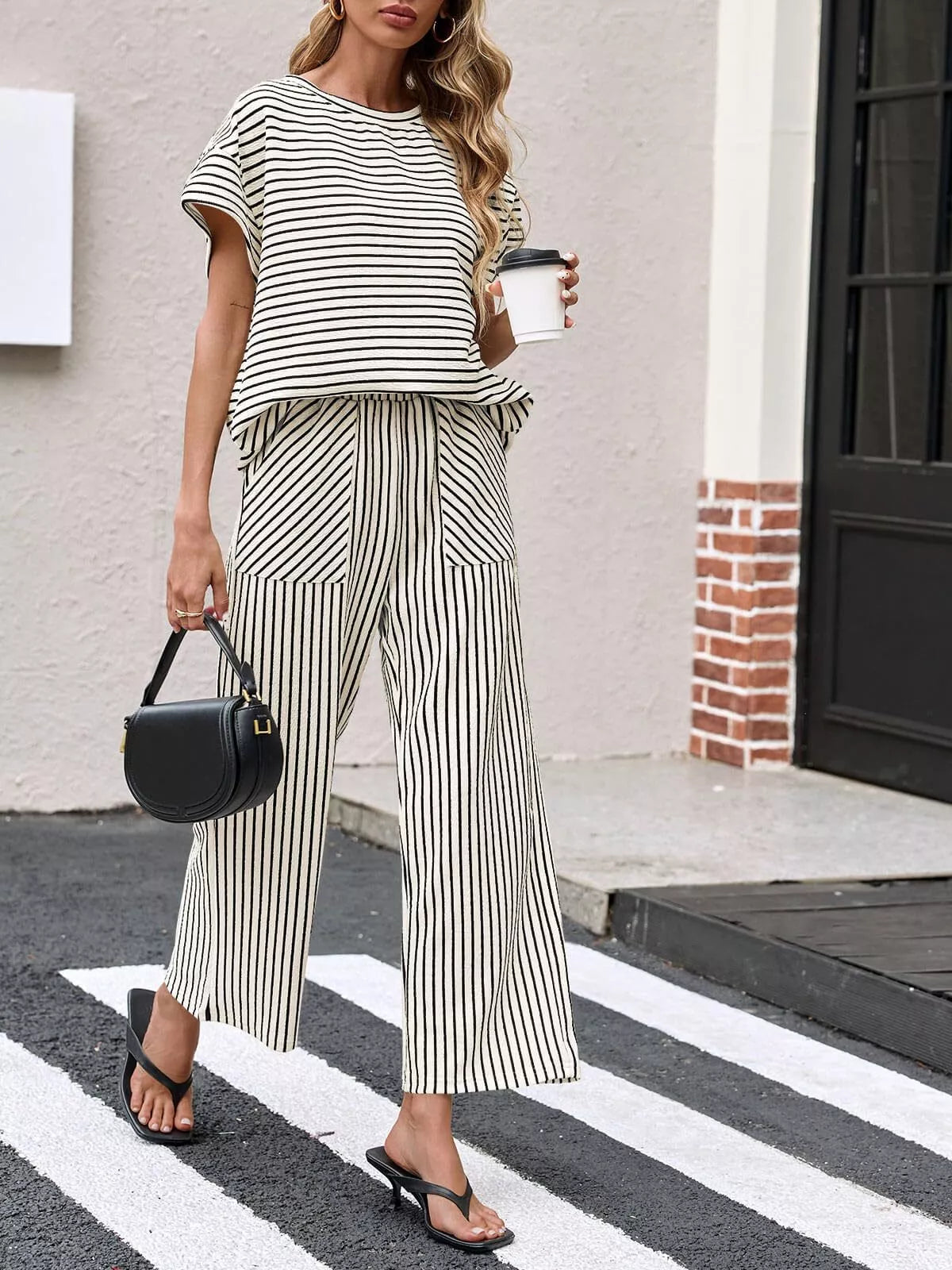 Casual Striped Short Sleeve Top and Wide Leg Pants Two-Piece Set