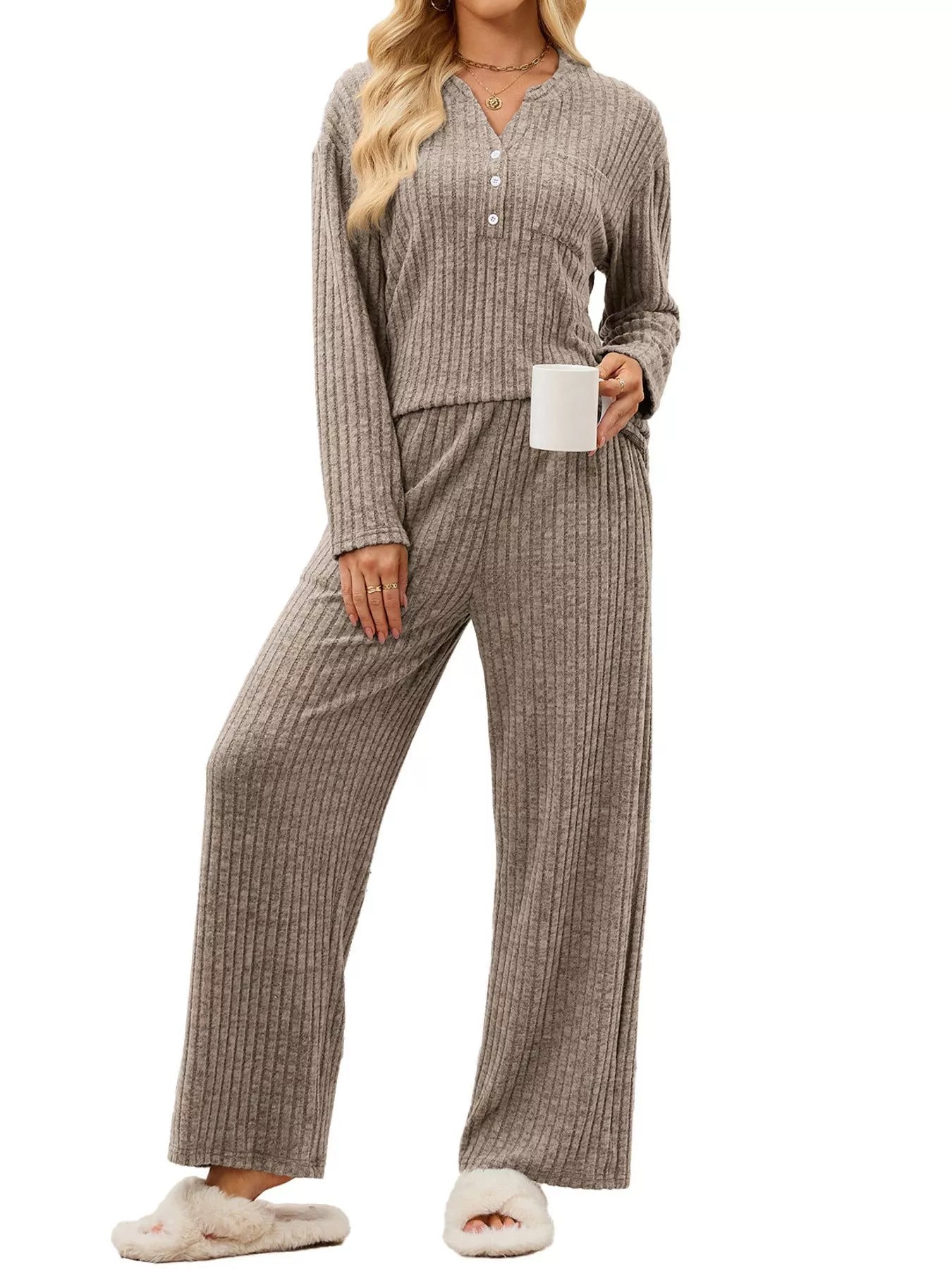 Ribbed Knit Top and Wide-Leg Pants Set