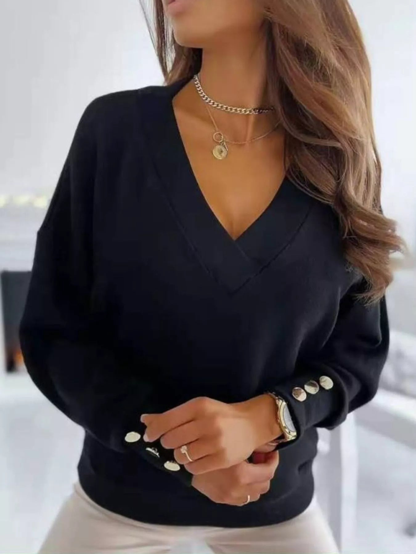 V-Neck Button Cuff Top