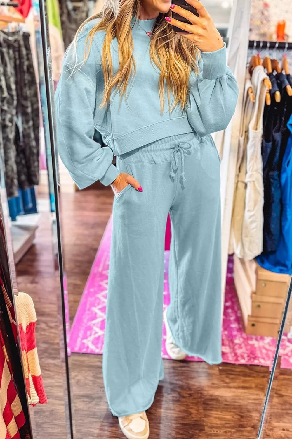 Drop Shoulder Puff Sleeve Crop Pullover Drawstring Wide Leg Pants Set