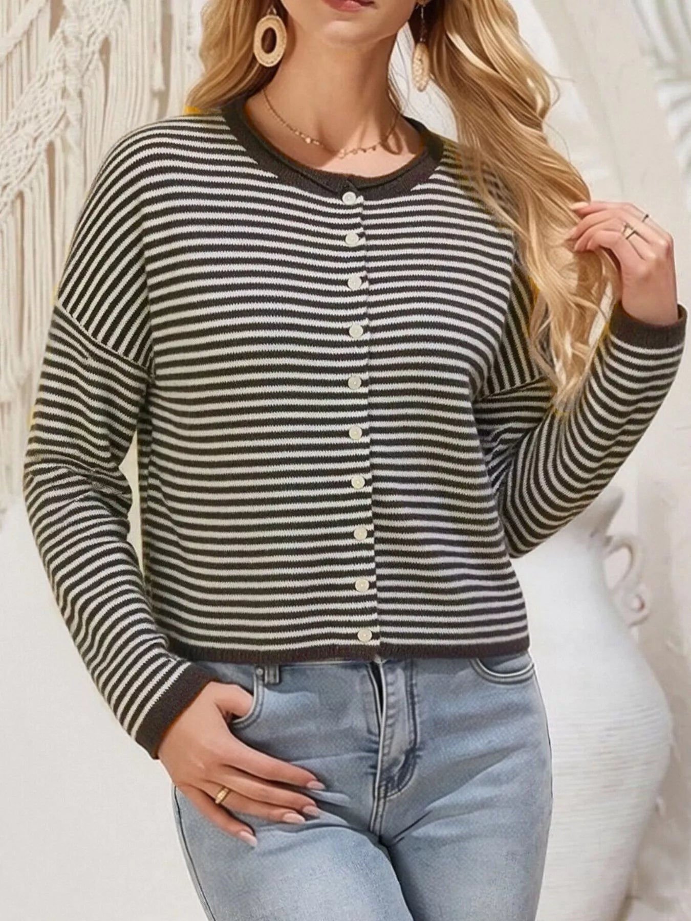 Button-Down Striped Knit Cardigan