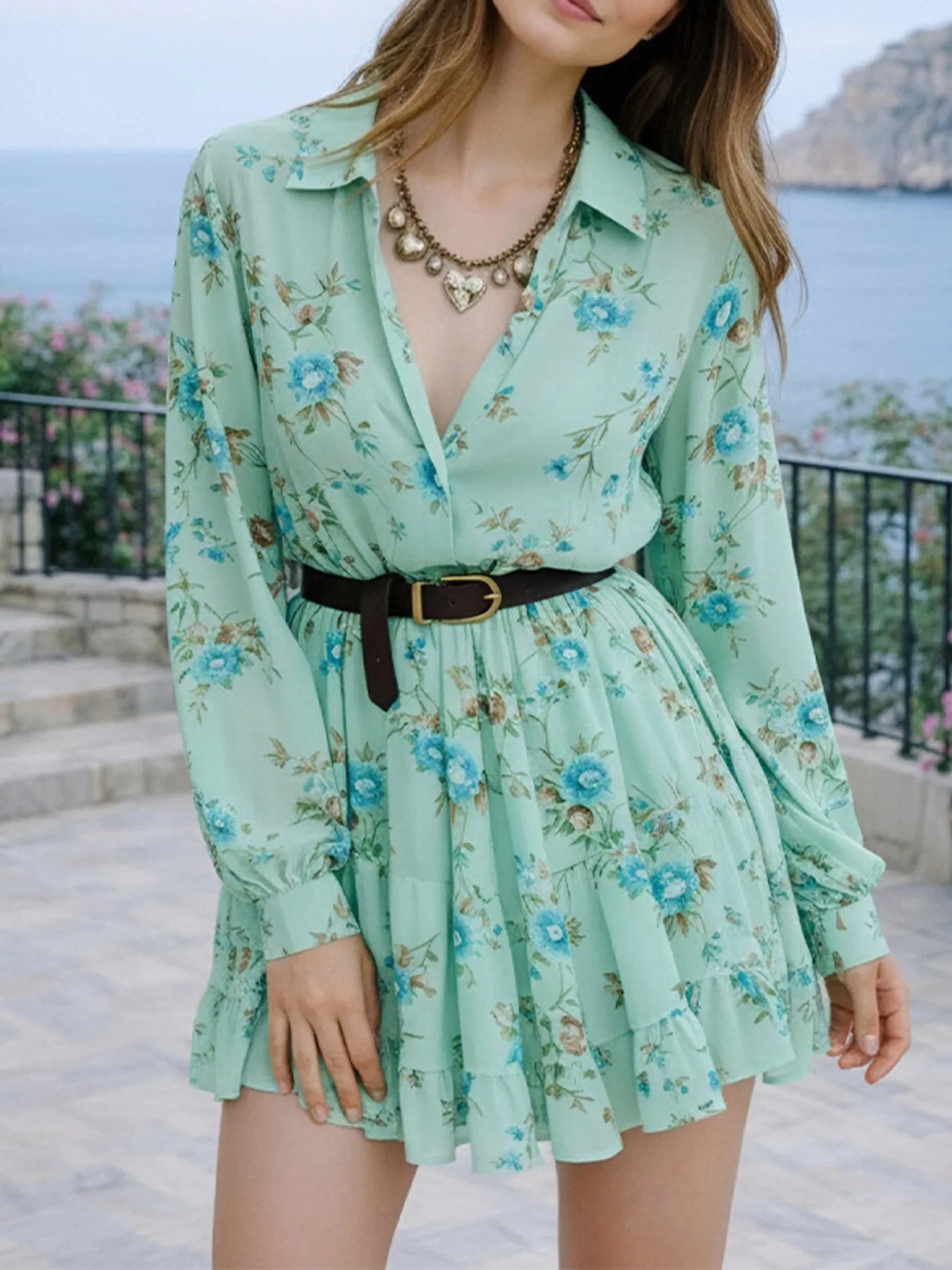 Full Size Floral Print Long Sleeve Shirt Dress Plus Size