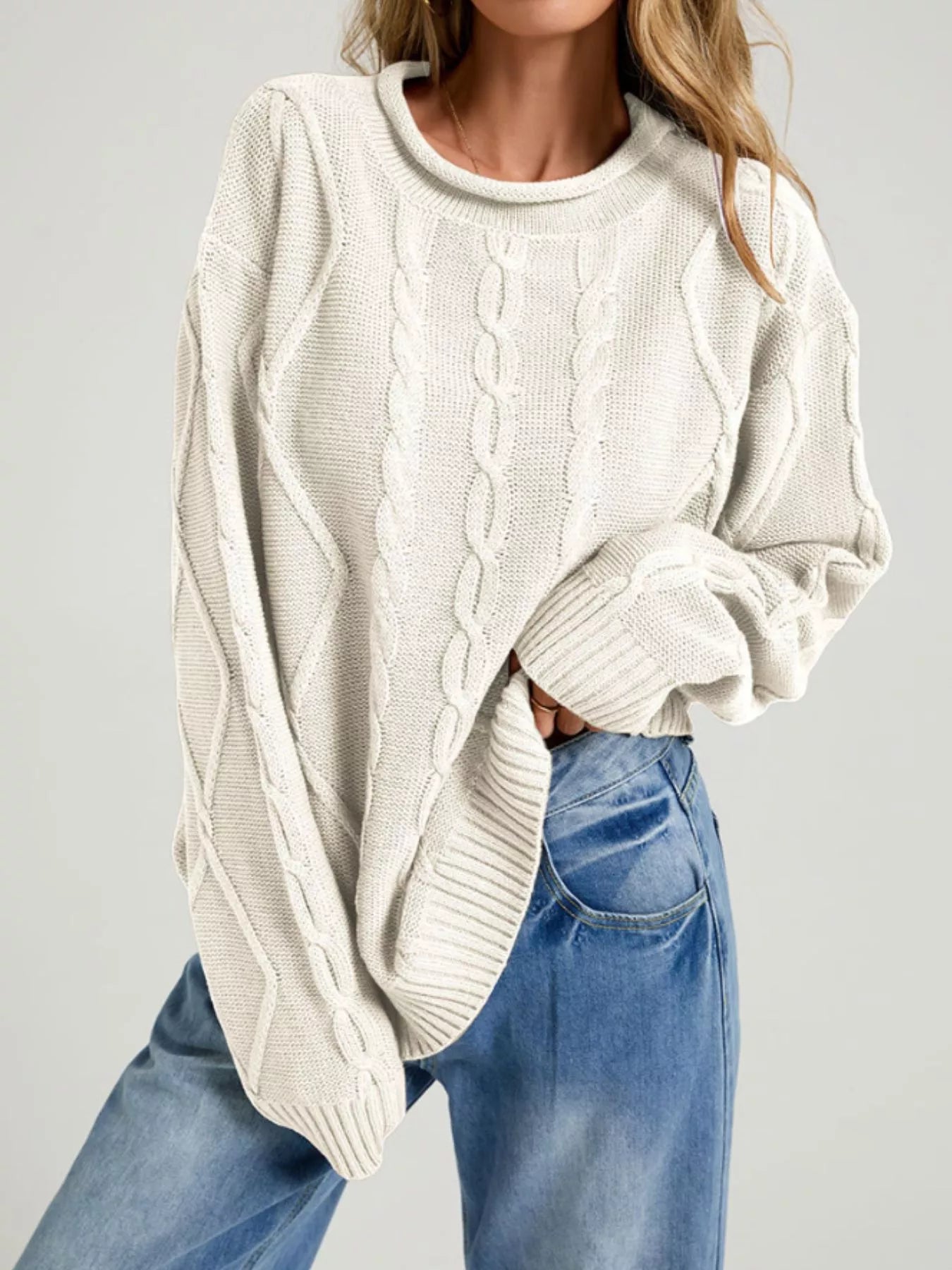 Cable Knit Ribbed Hem Sweater