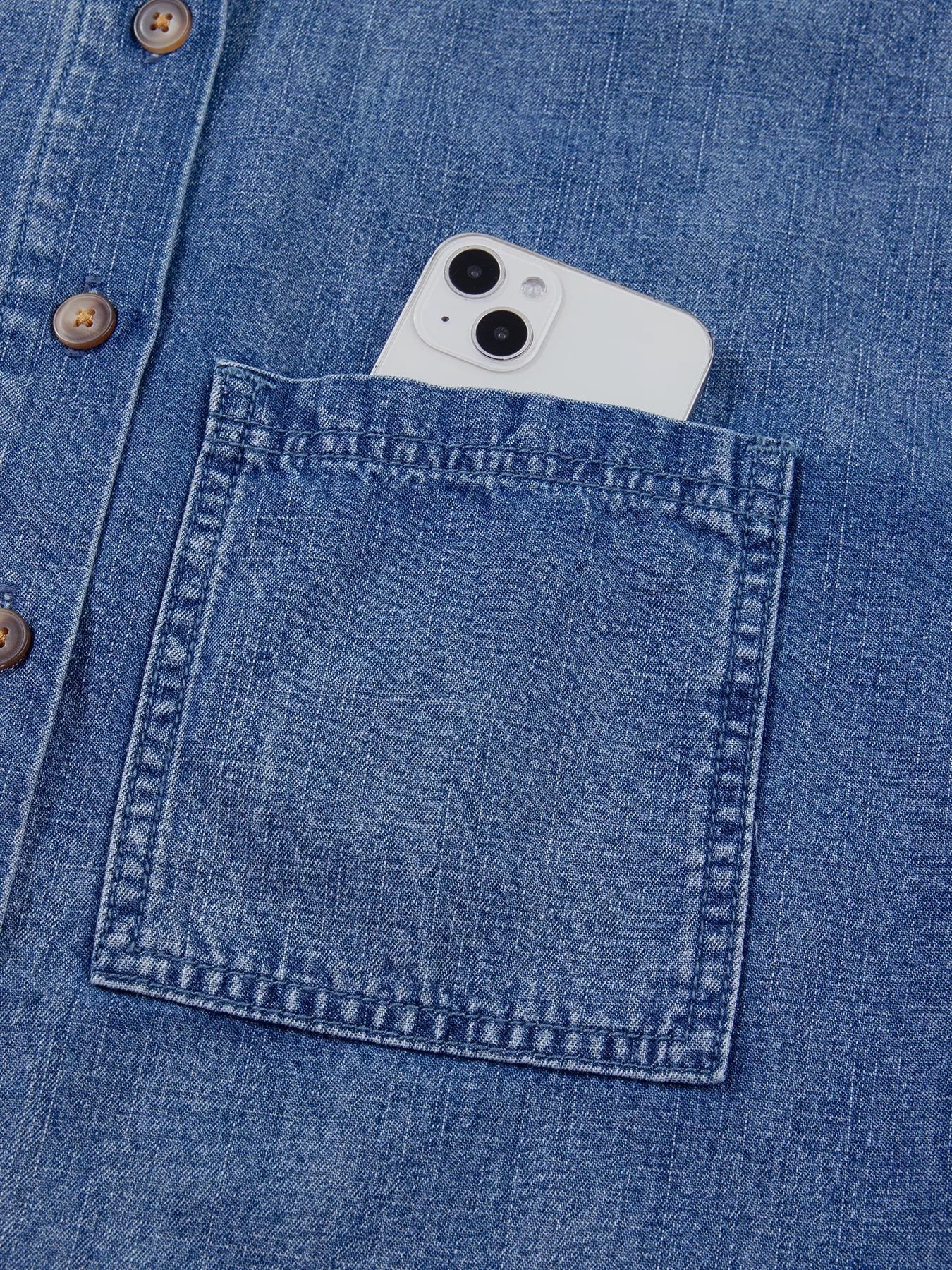 Three Quarter Sleeve Button Front Loose Denim Shirt
